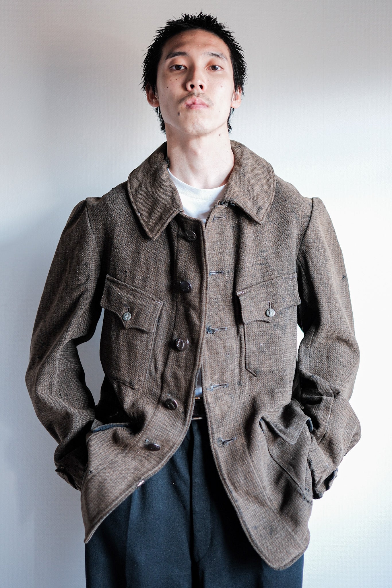 【~30's】French Vintage Brown Wool Hunting Jacket "Boro"