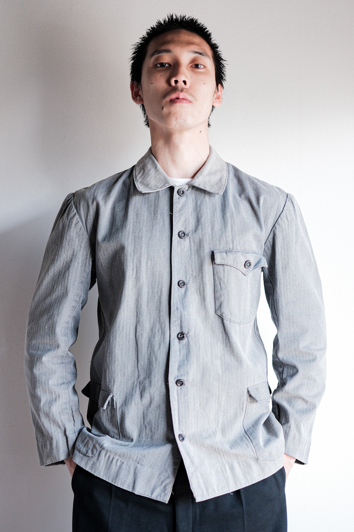 【~50's】Europe Vintage Salt & Pepper HBT Cotton Work Jacket "6 Buttons"