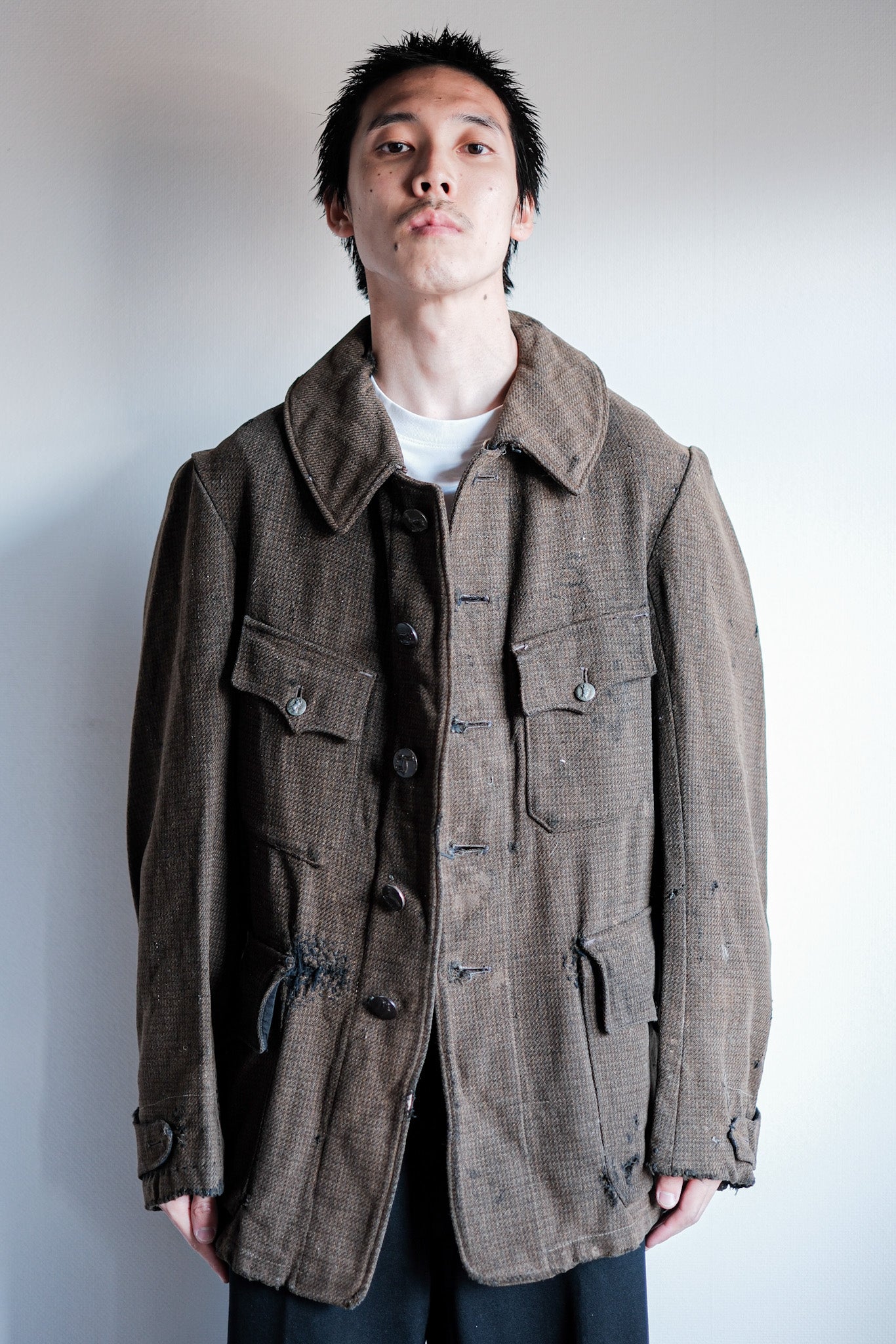 【~30's】French Vintage Brown Wool Hunting Jacket "Boro"
