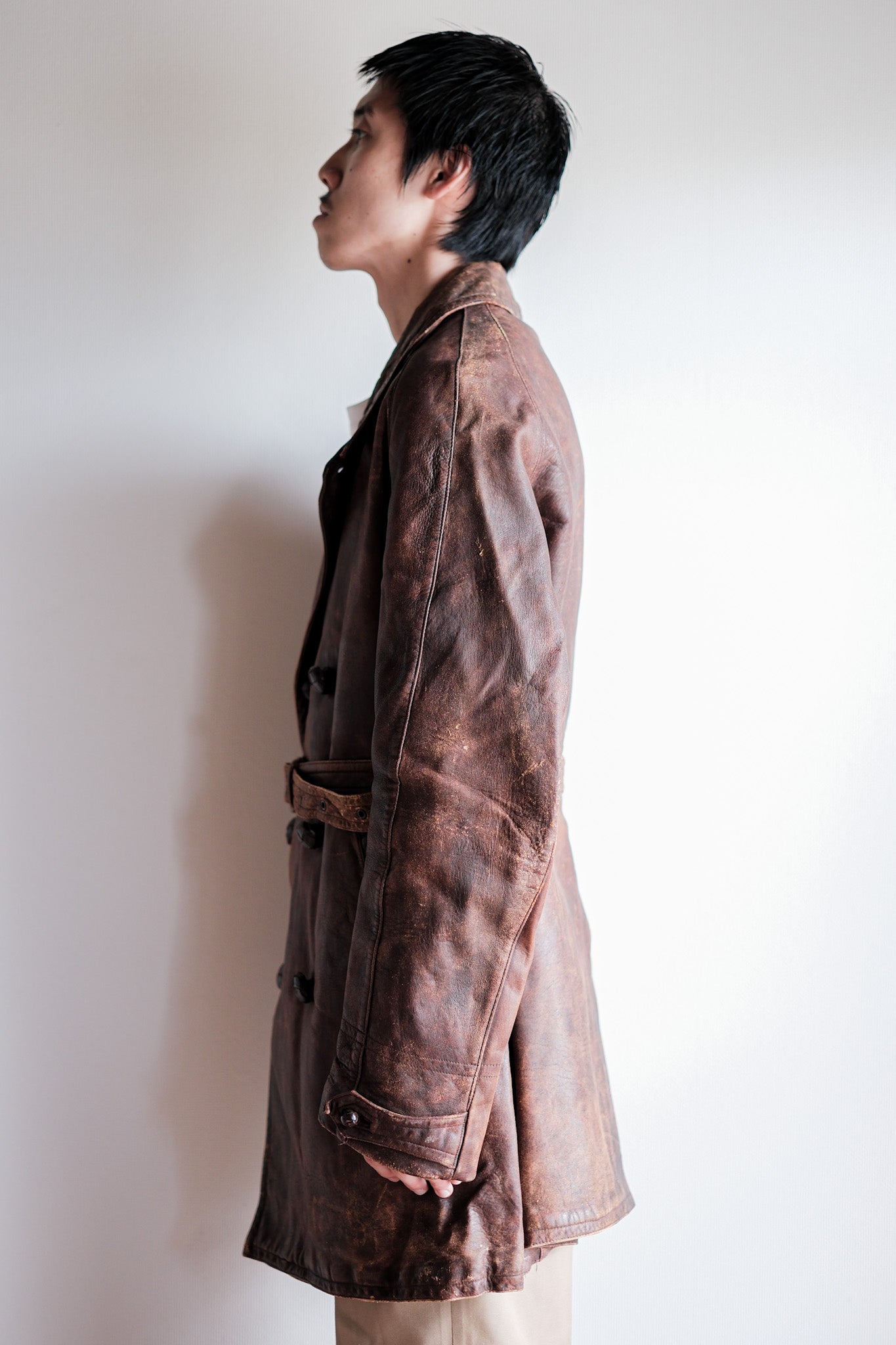 【~40's】French Vintage Double Breasted Brown Leather Coat With Chin Strap