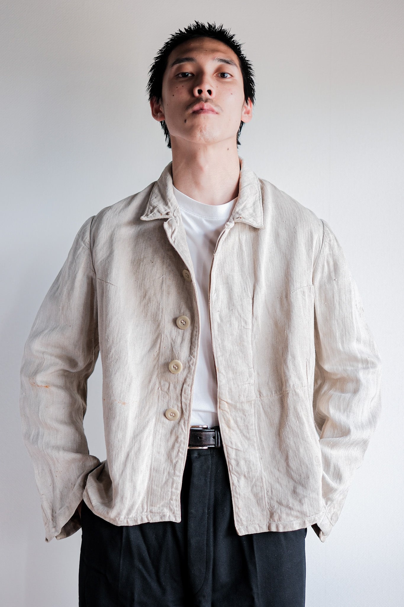 【~40's】German Air Force Drillich HBT Linen Jacket With Chin Strap "Luftwaffe"