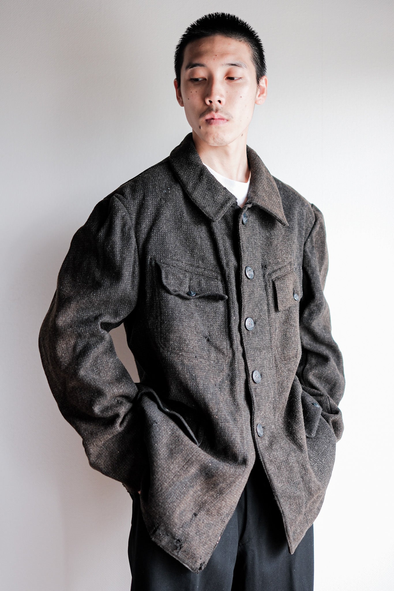 【~30's】French Vintage Gray Wool Hunting Jacket With Chin Strap "Boro"