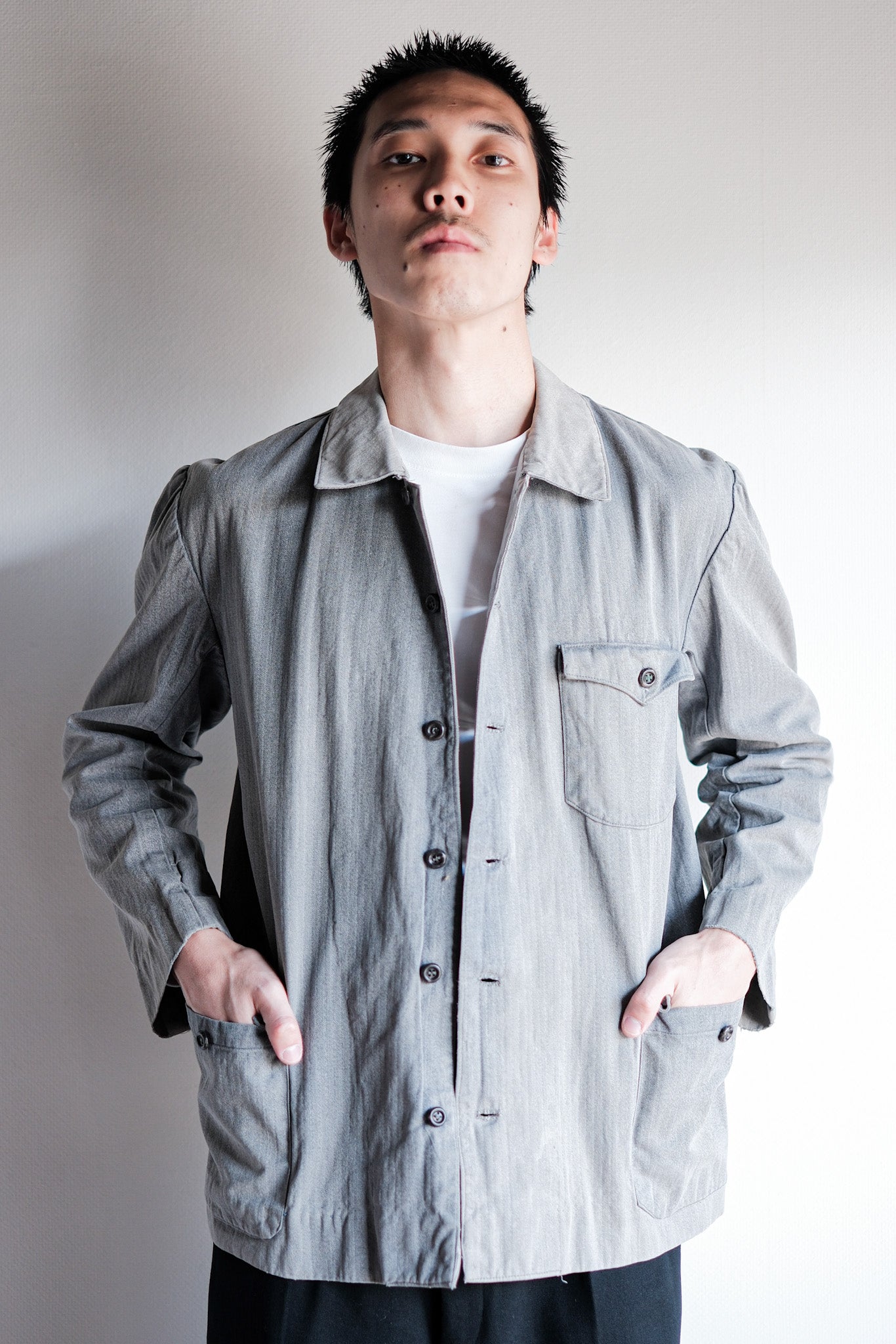 【~50's】Europe Vintage Salt & Pepper HBT Cotton Work Jacket "6 Buttons"