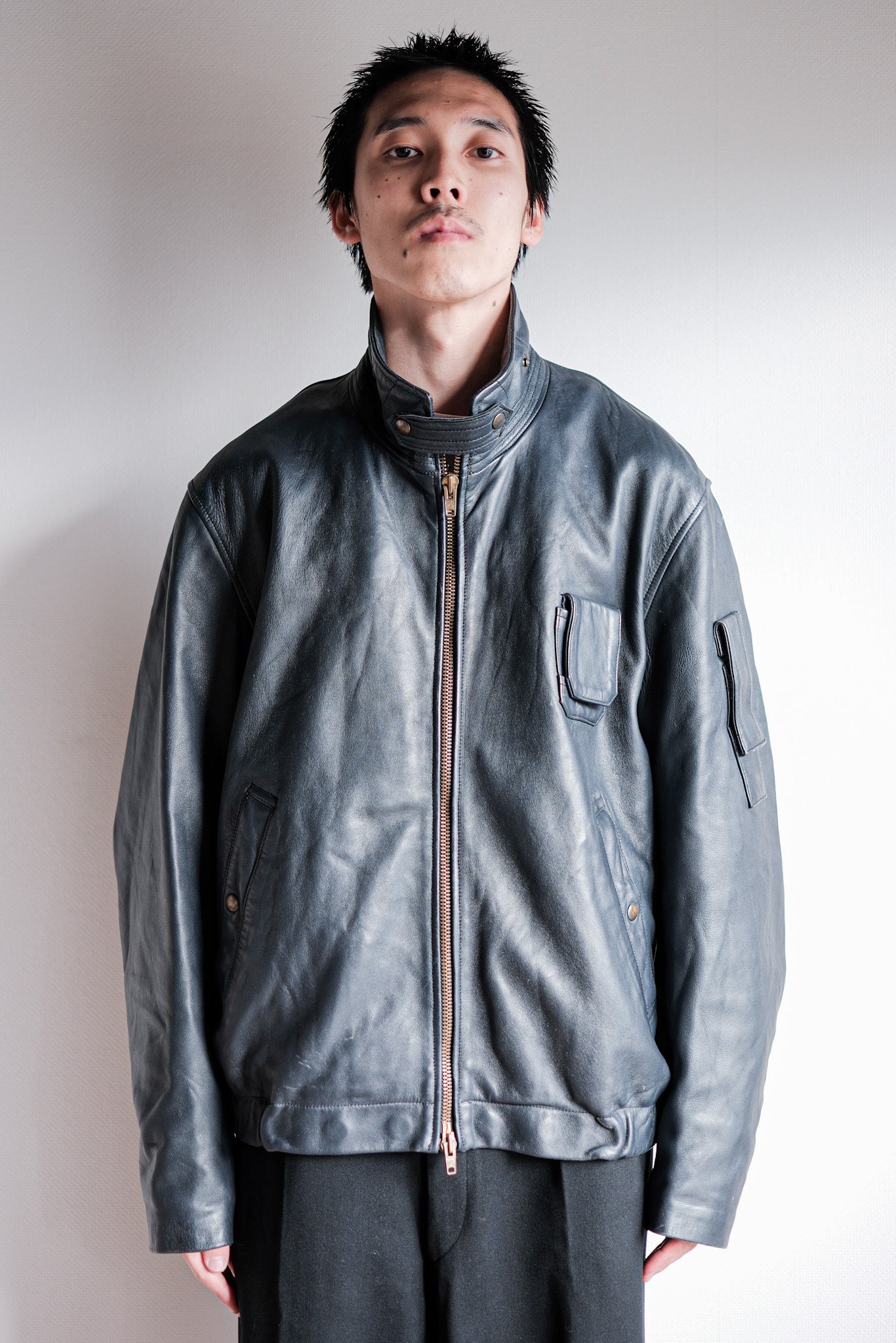 【~70's】French Air Force Pilot Leather Jacket With Chin Strap Size.100L