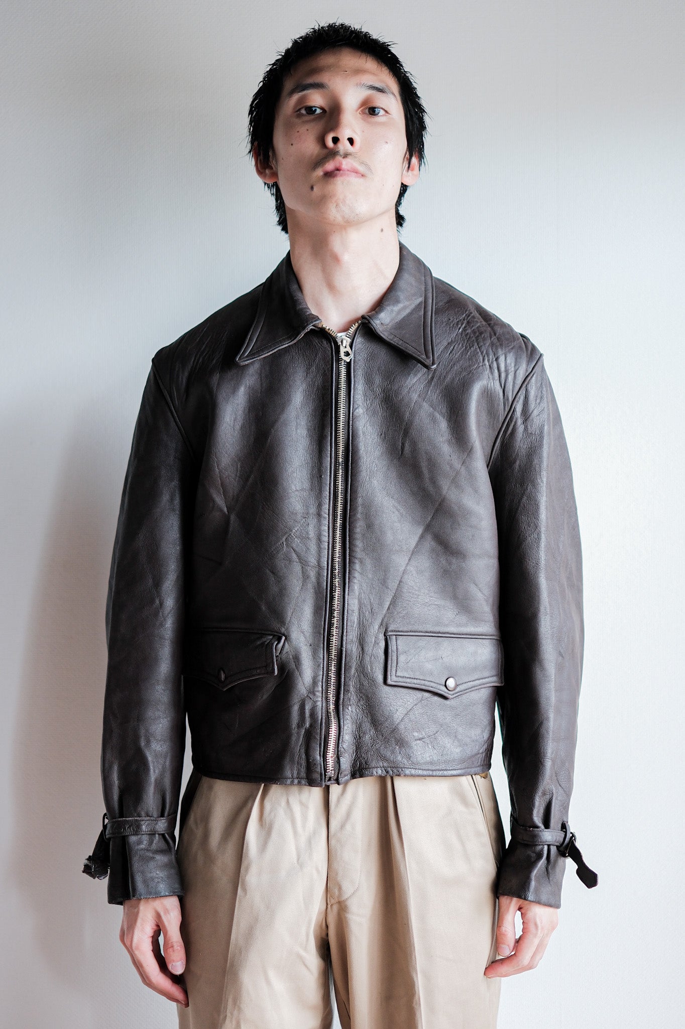 【~40’s】French Vintage Brown Leather Cyclist Jacket "Modified"