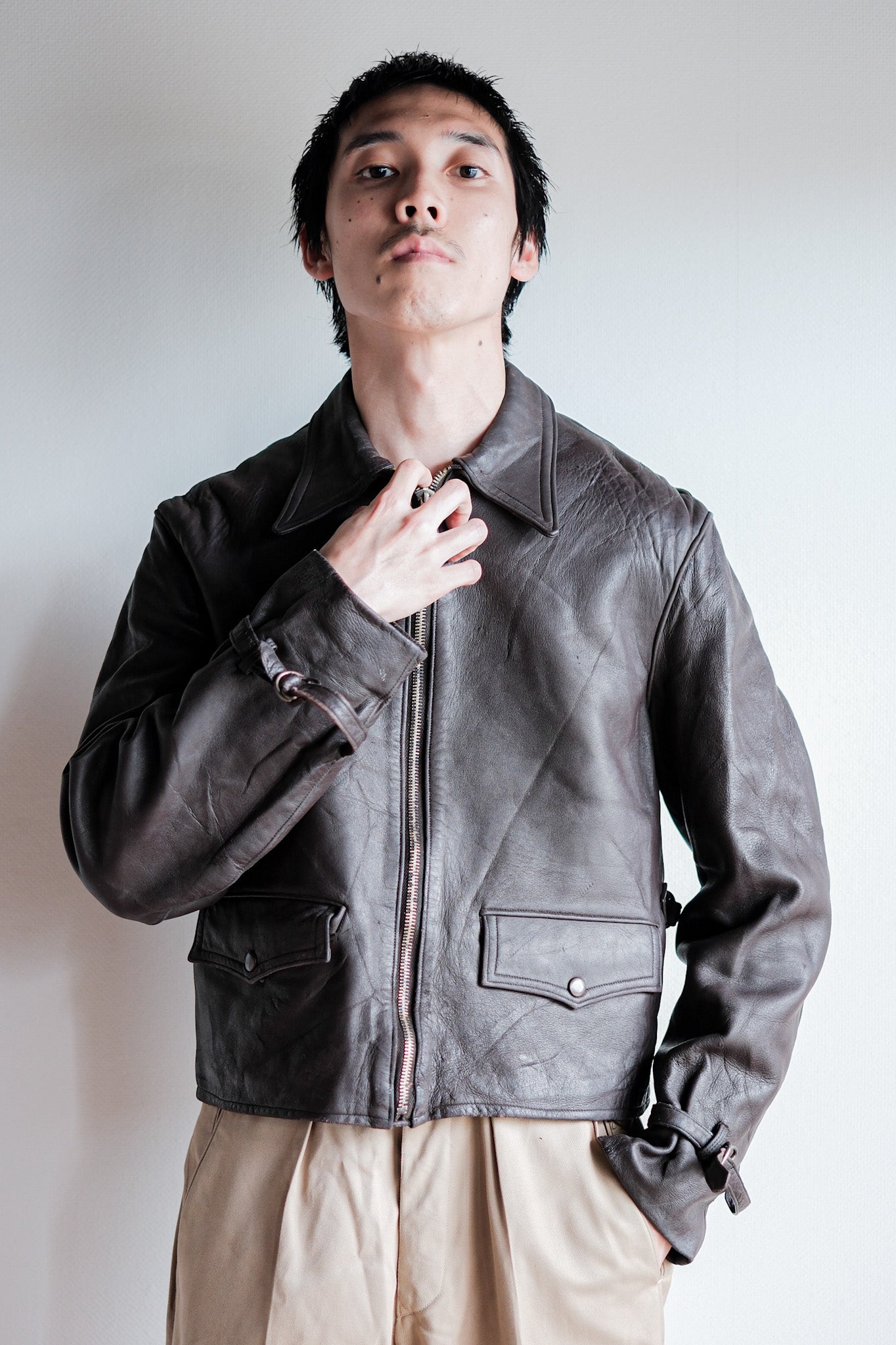 【~40’s】French Vintage Brown Leather Cyclist Jacket "Modified"