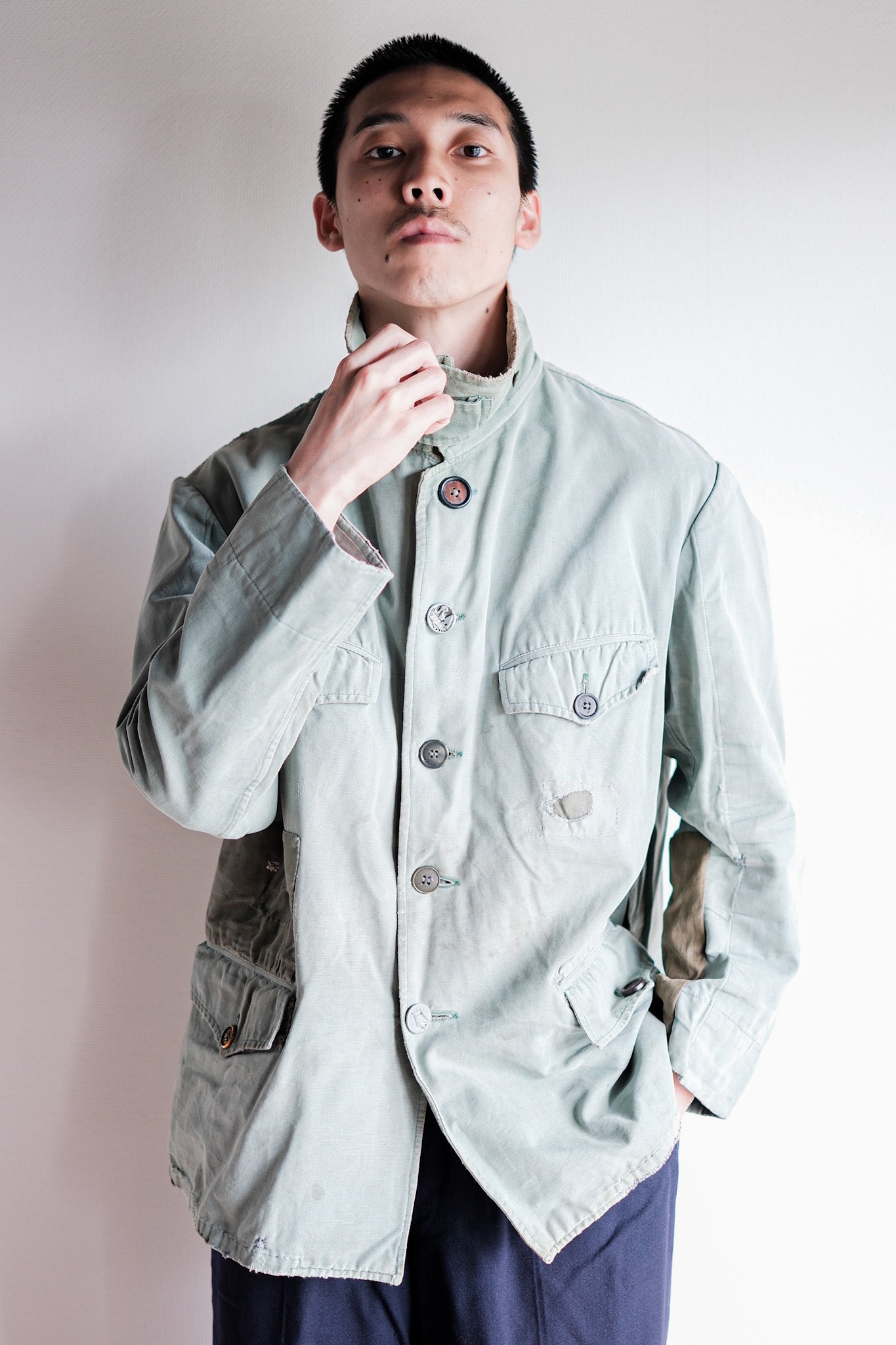 【~50's】French Vintage Green Cotton Canvas Hunting Jacket With Chin Strap "Patchwork"