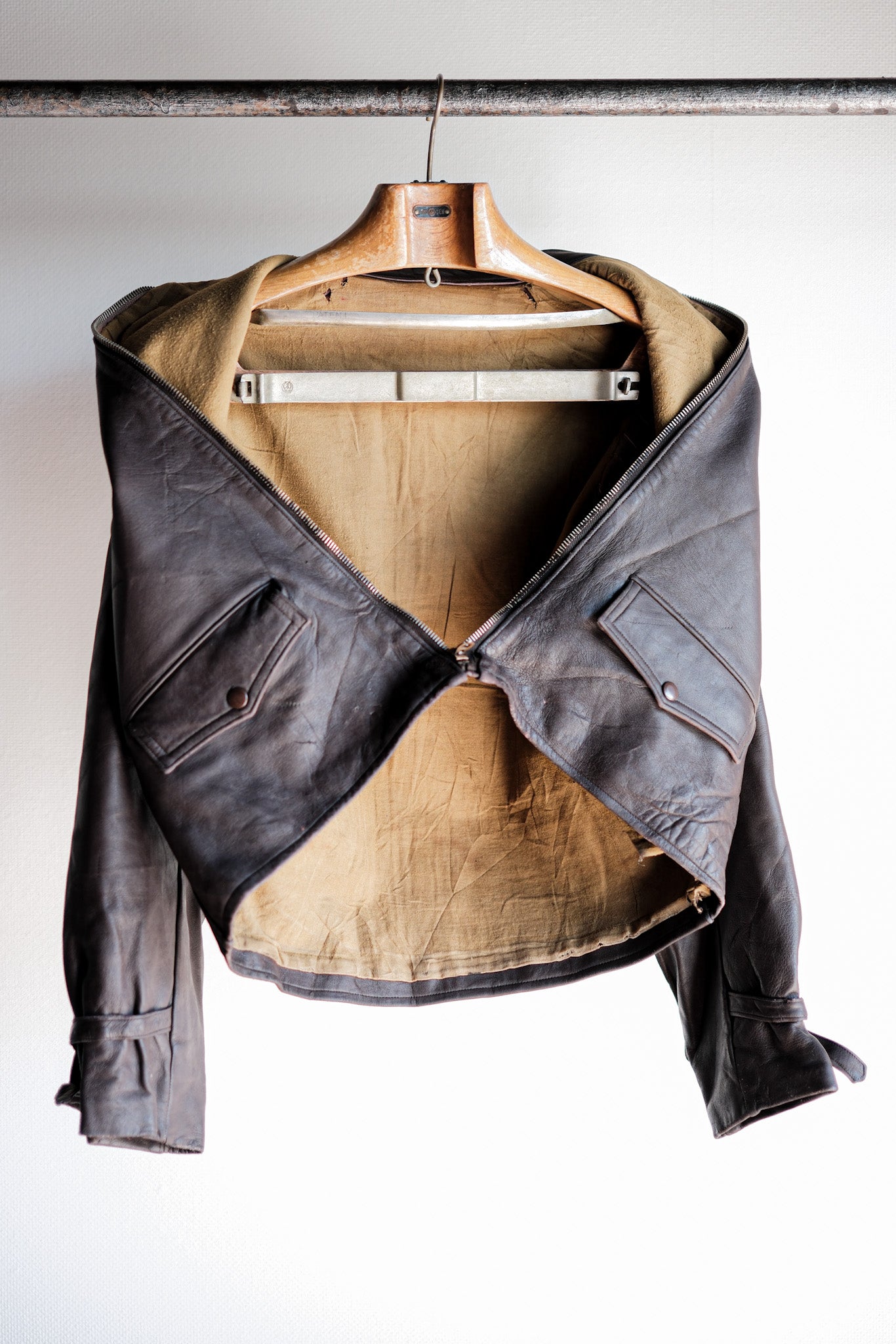 【~40’s】French Vintage Brown Leather Cyclist Jacket "Modified"