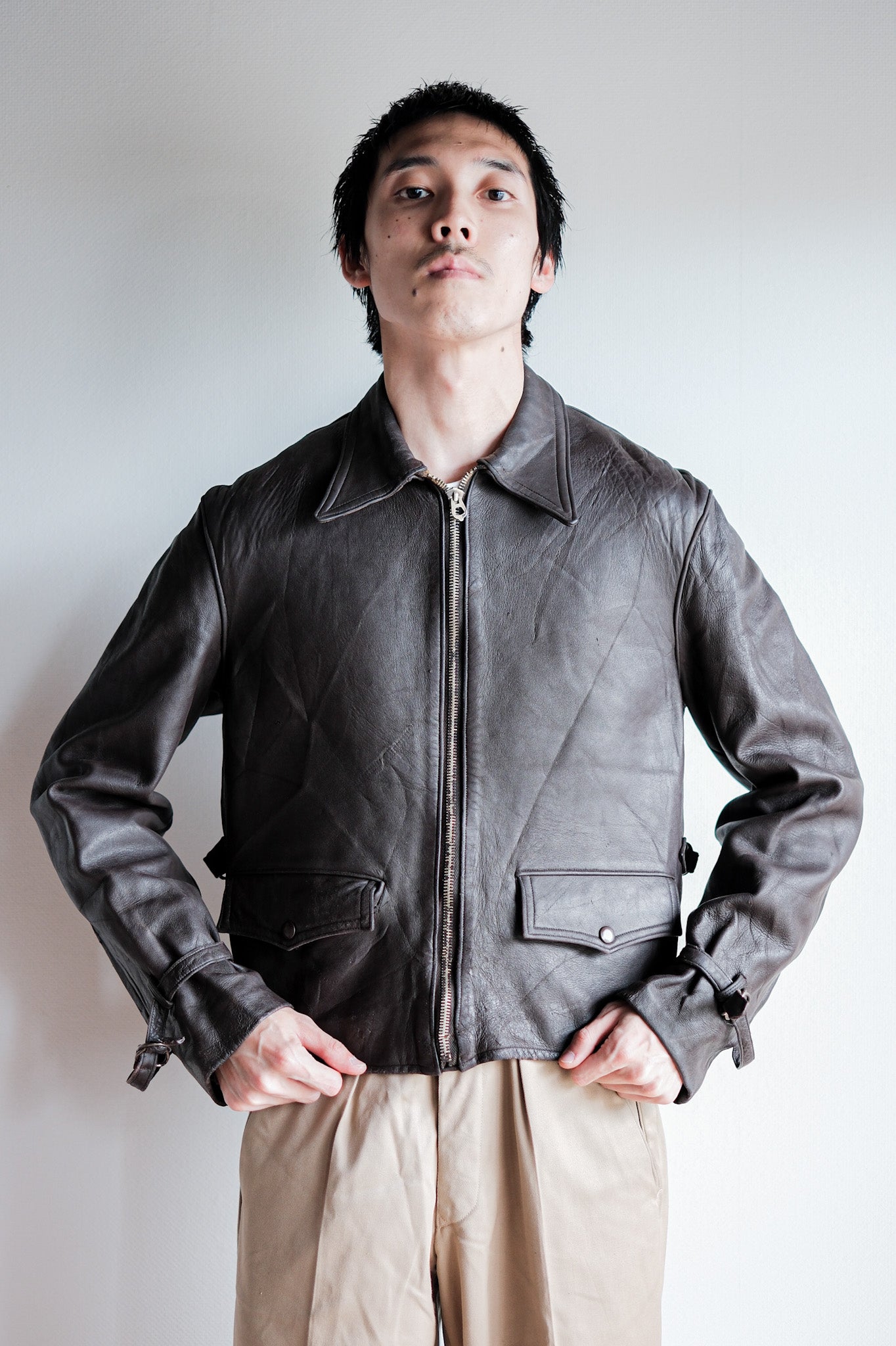 【~40’s】French Vintage Brown Leather Cyclist Jacket "Modified"