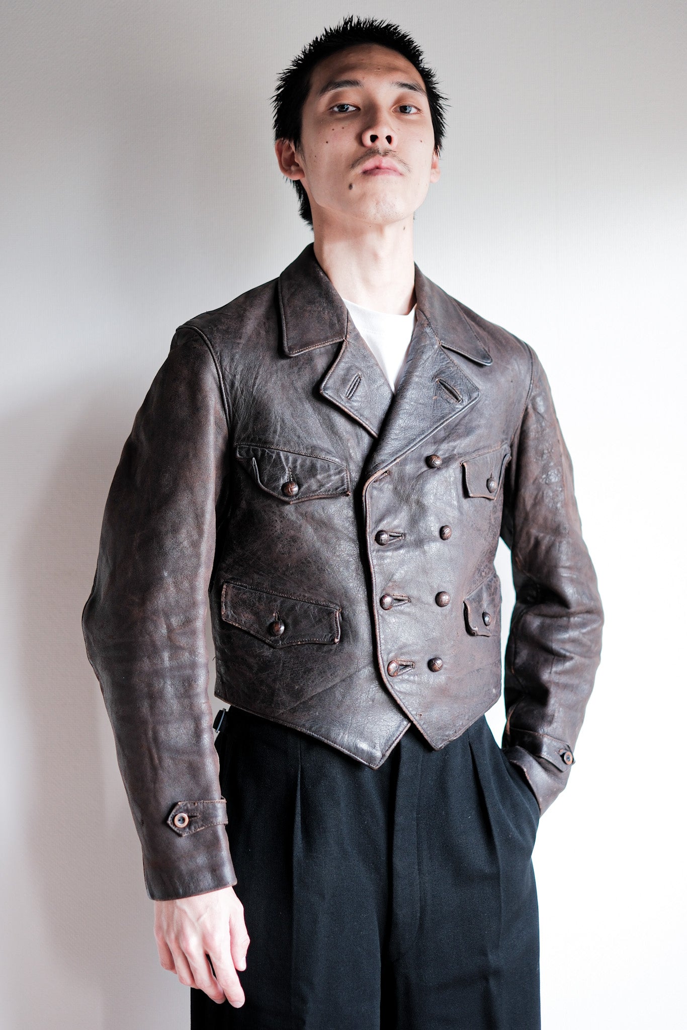 【~40's】German Vintage Double Breasted Motorcycle Leather Jacket