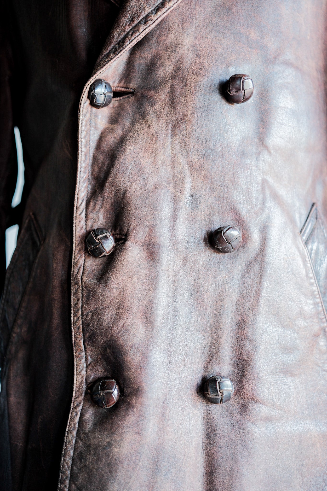 【~40's】French Vintage Double Breasted Brown Leather Coat With Chin Strap
