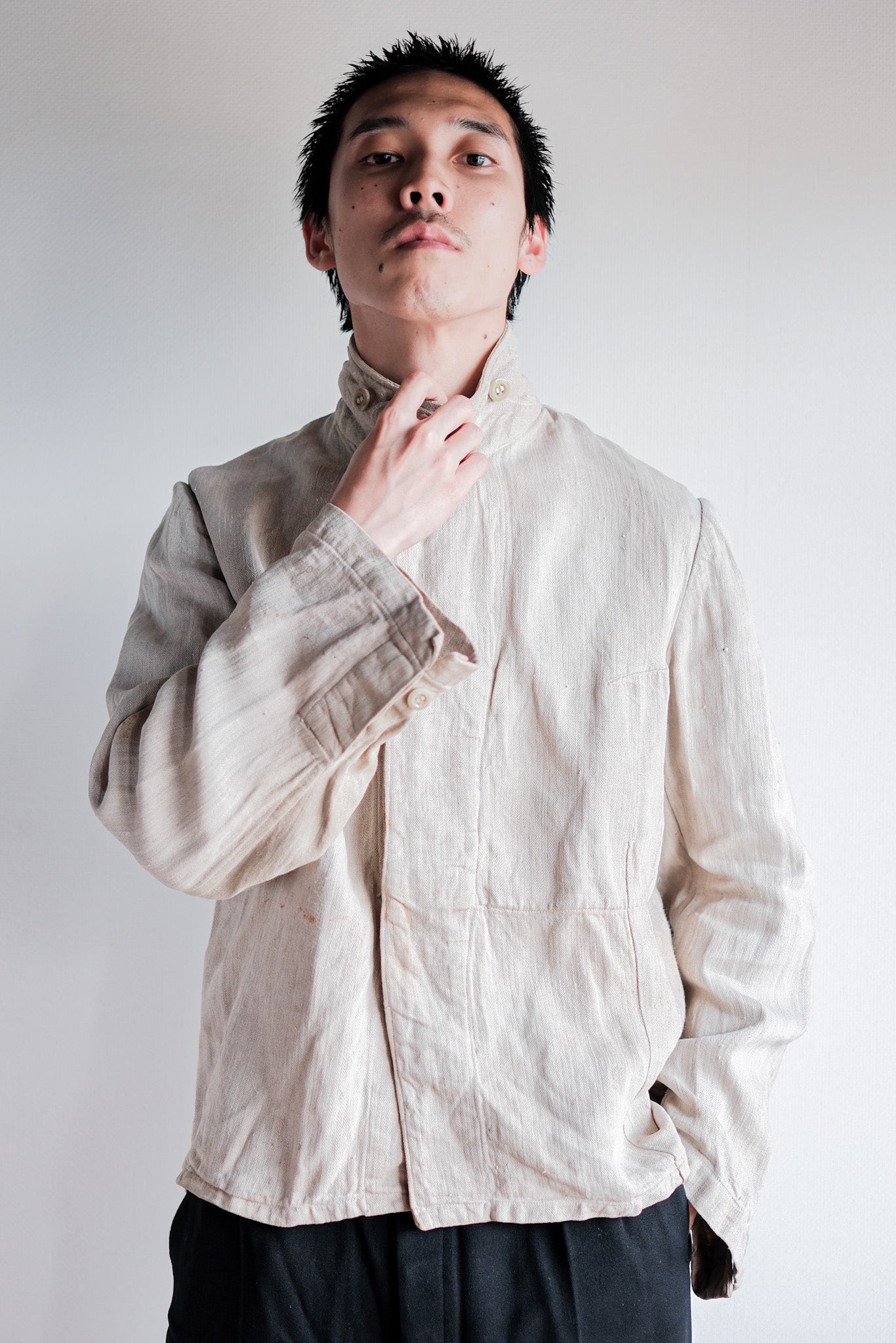 【~40's】German Air Force Drillich HBT Linen Jacket With Chin Strap "Luftwaffe"