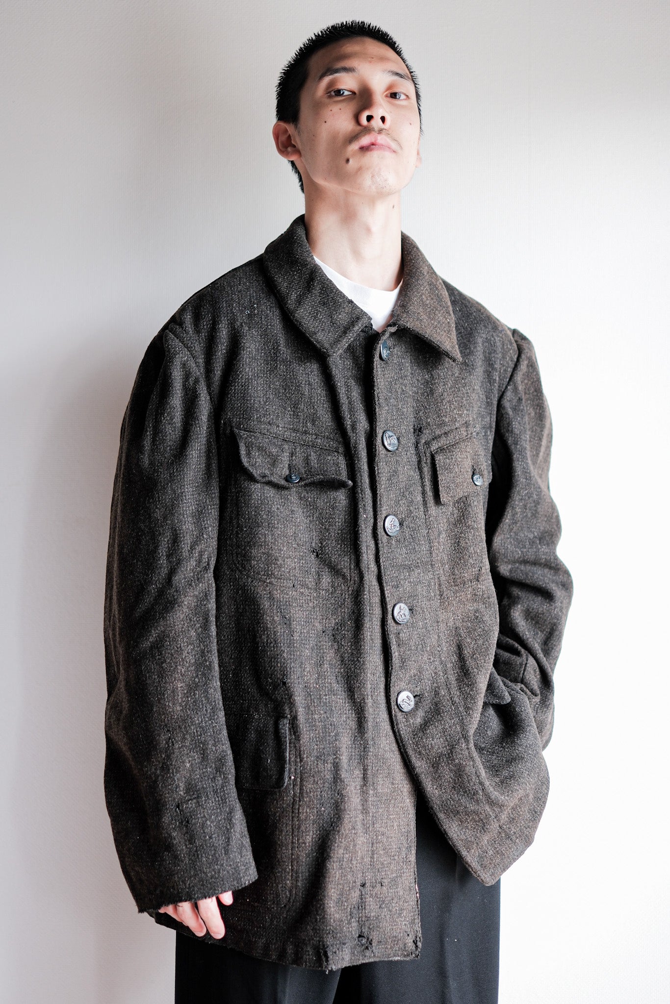 【~30's】French Vintage Gray Wool Hunting Jacket With Chin Strap "Boro"