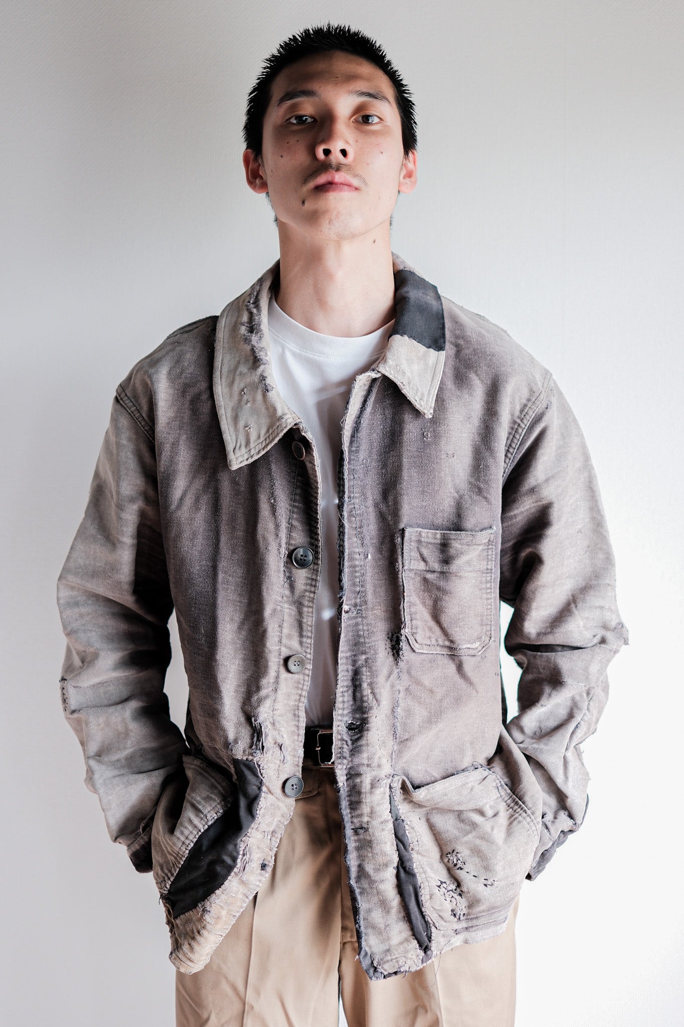 【~50's】French Vintage Black Moleskin Work Jacket "Patchwork"