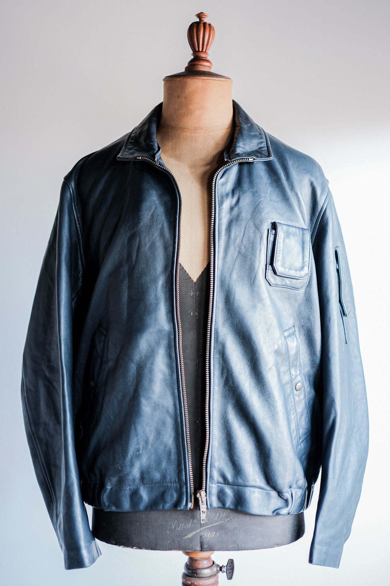 【~70's】French Air Force Pilot Leather Jacket With Chin Strap Size.100L