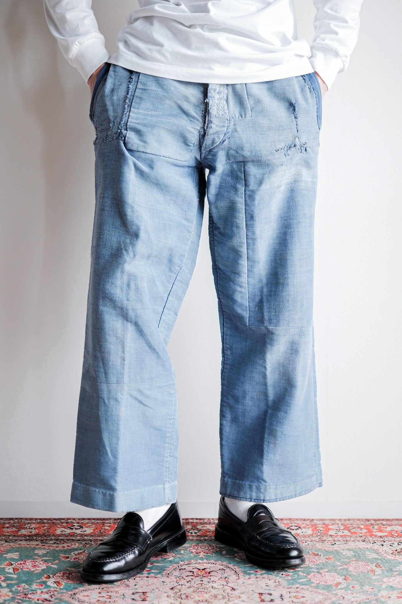 【~40's】French Vintage Blue Moleskin Work Pants "Patchwork" "Le Mont St. Michel"