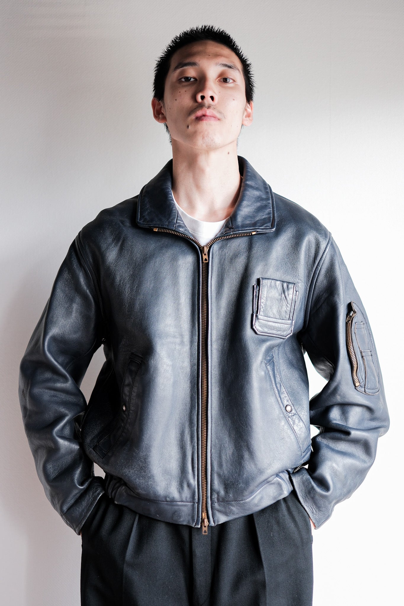 【~70's】French Air Force Pilot Leather Jacket Size.96M