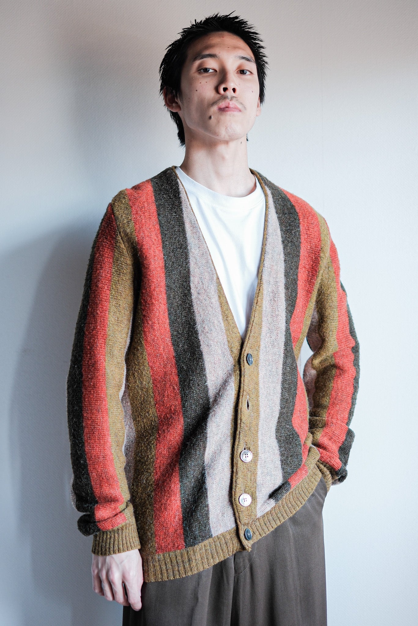 【~80's】Italian Vintage Wool Mix Multi Striped Cardigan