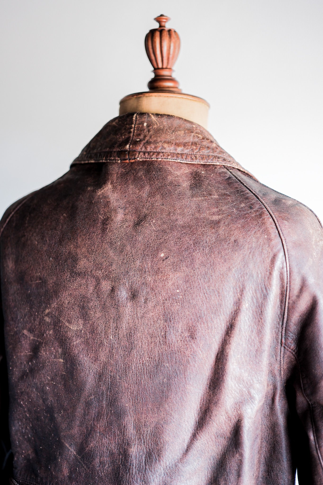 【~40's】French Vintage Double Breasted Brown Leather Coat With Chin Strap