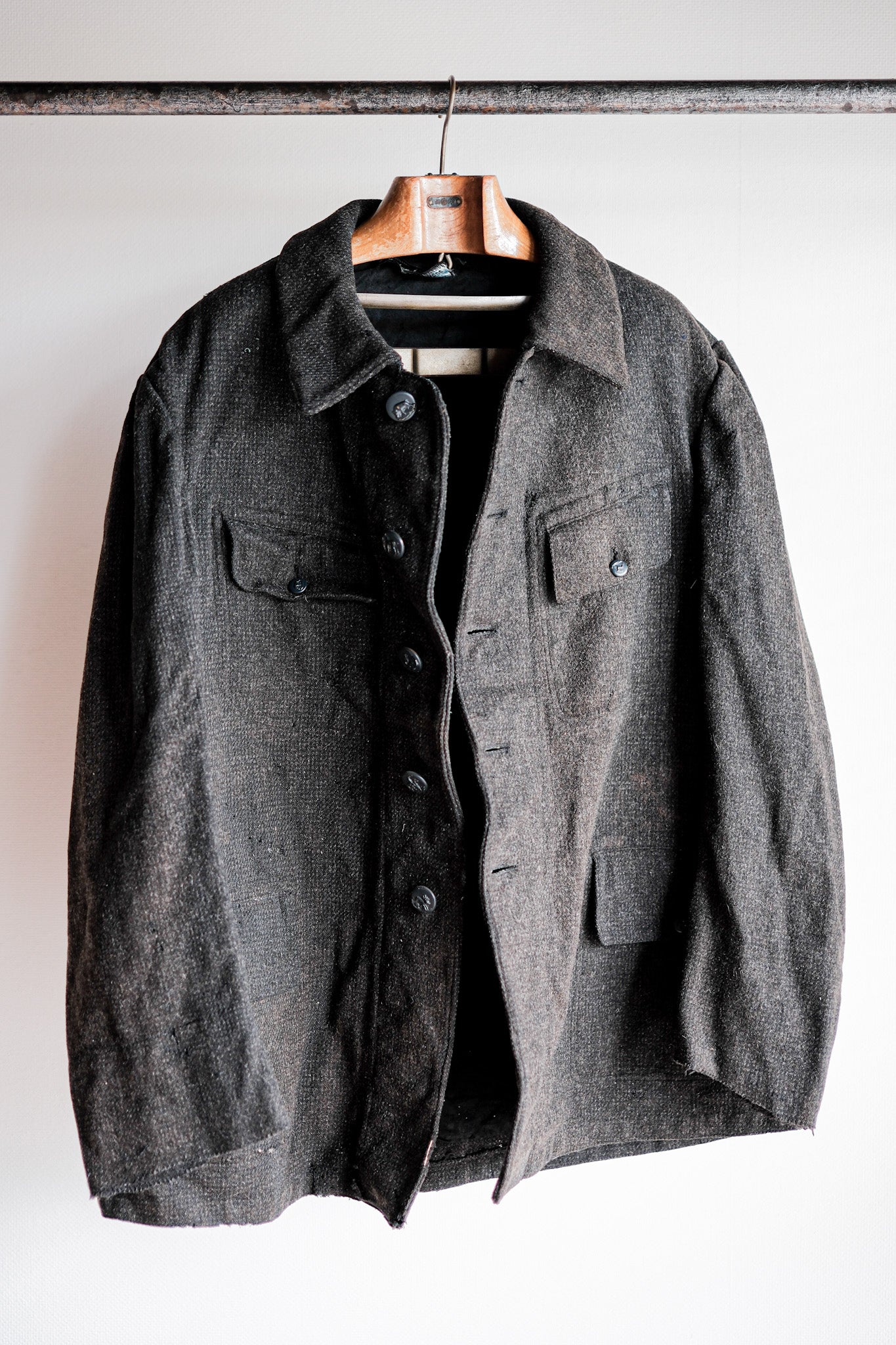 【~30's】French Vintage Gray Wool Hunting Jacket With Chin Strap "Boro"