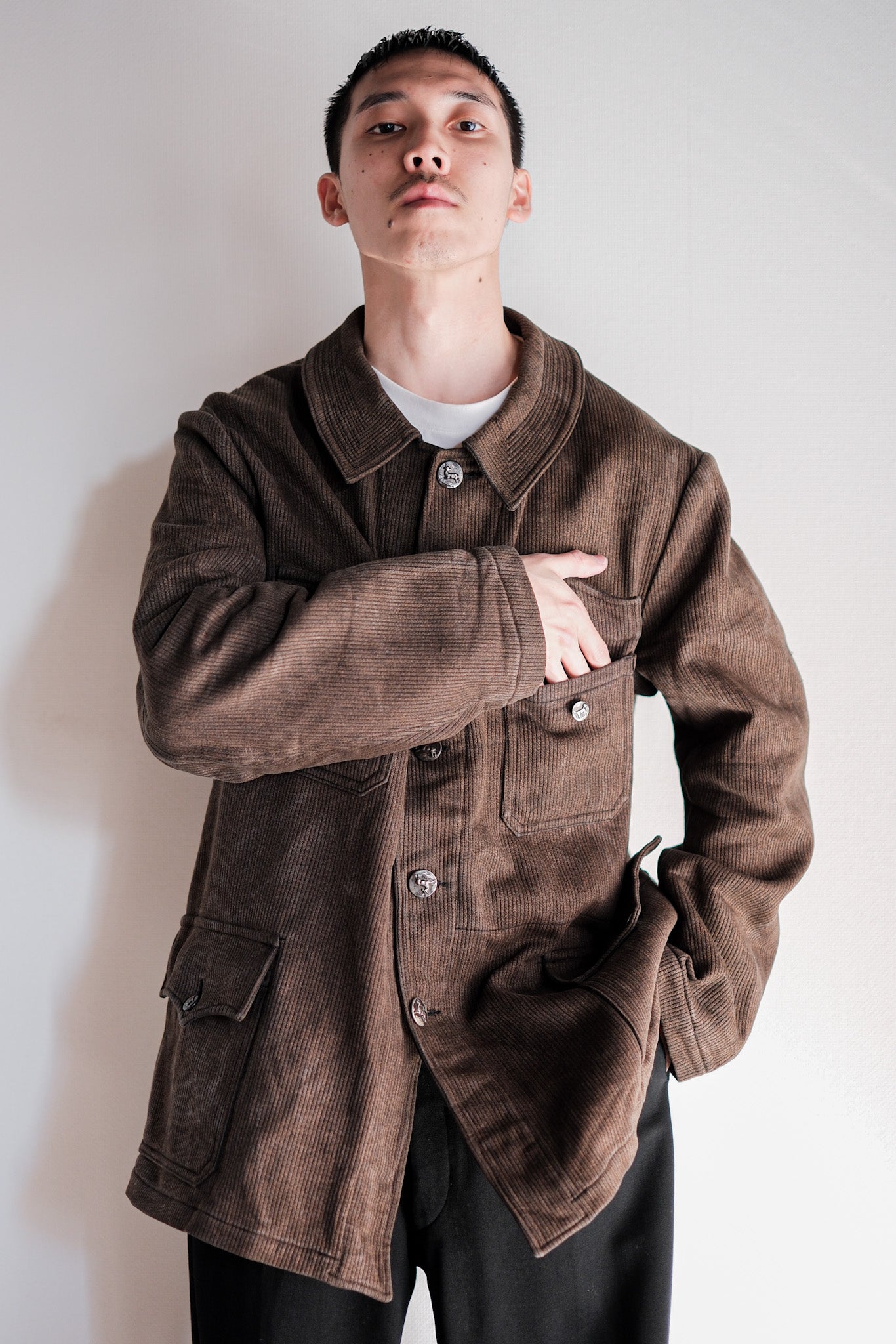 【~50's】French Vintage Brown Salt & Pepper Cotton Pique Hunting Jacket