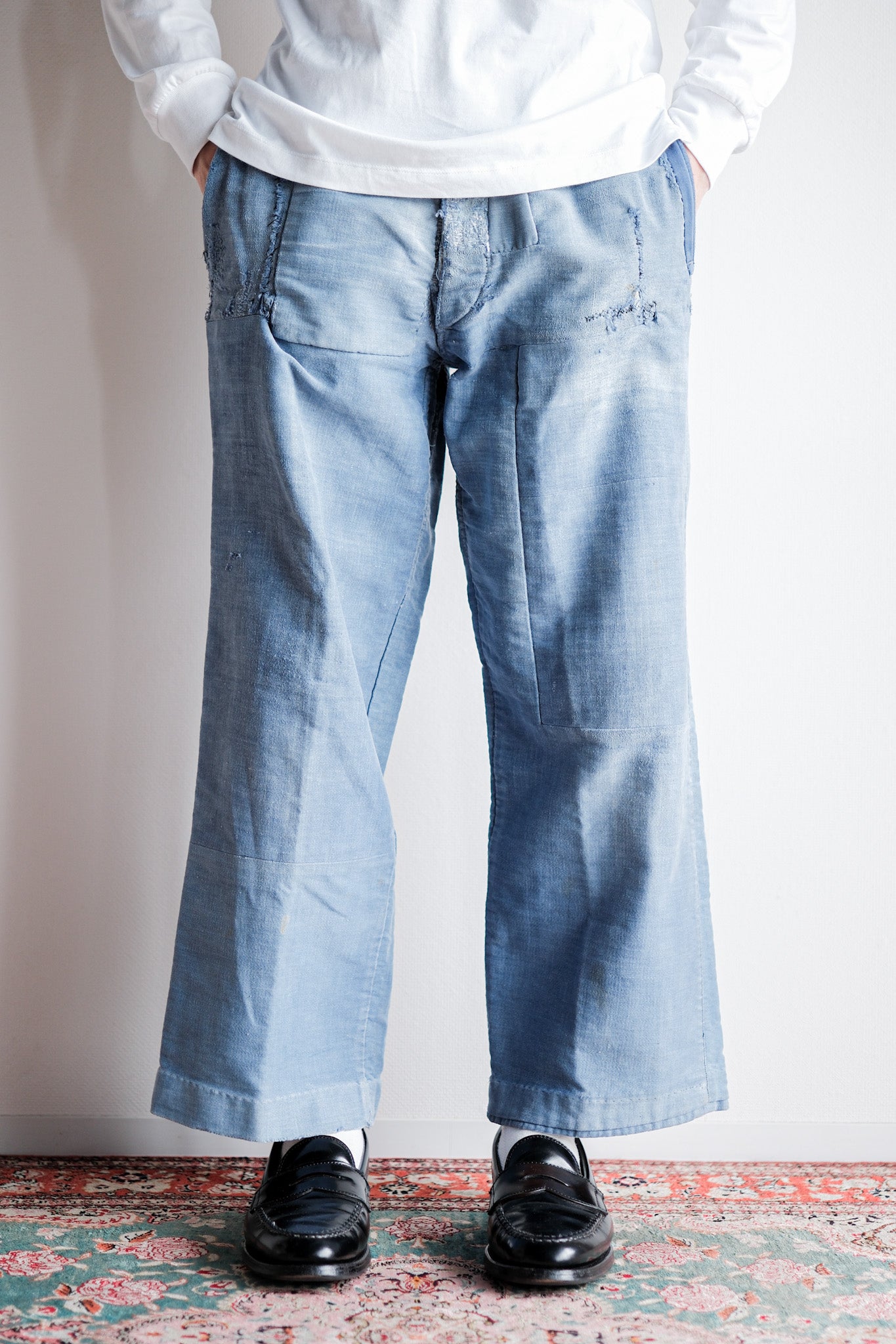 【~40's】French Vintage Blue Moleskin Work Pants "Patchwork" "Le Mont St. Michel"