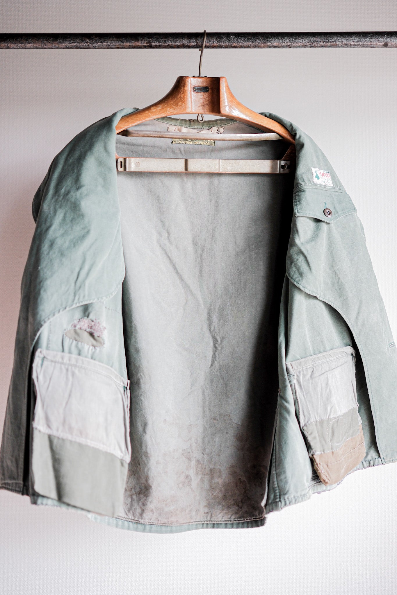 【~50's】French Vintage Green Cotton Canvas Hunting Jacket With Chin Strap "Patchwork"