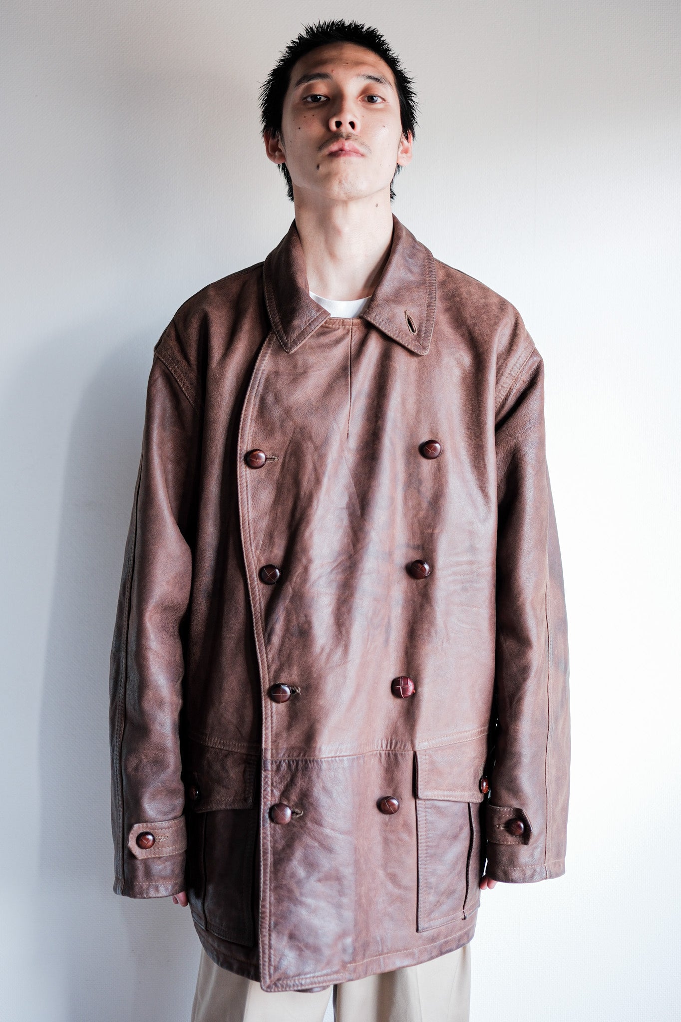 【~80's】Italian Vintage Double Breasted Leather Jacket Size.52