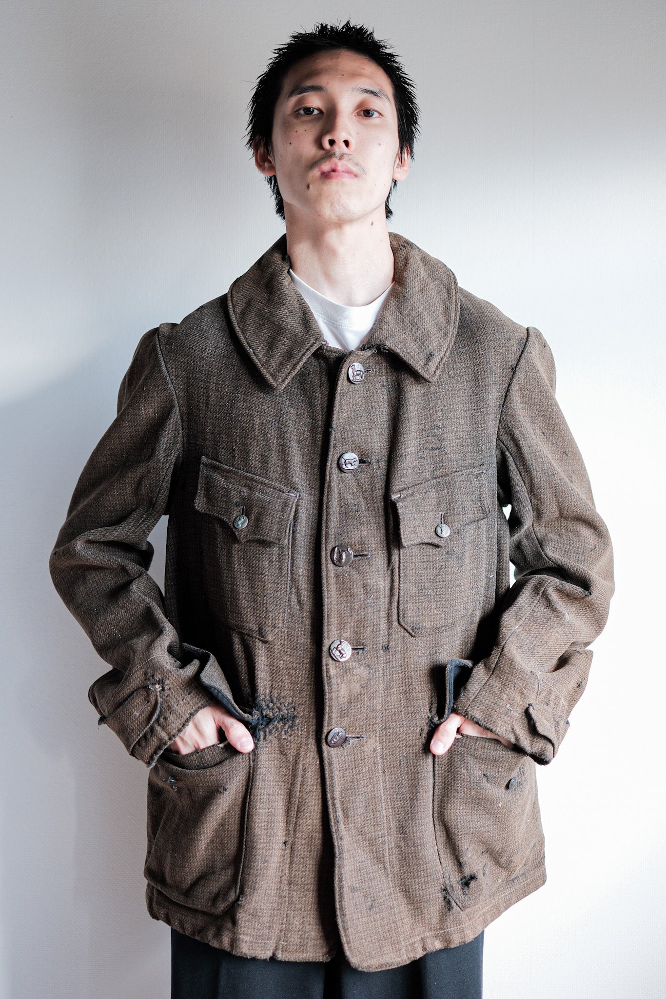 【~30's】French Vintage Brown Wool Hunting Jacket "Boro"