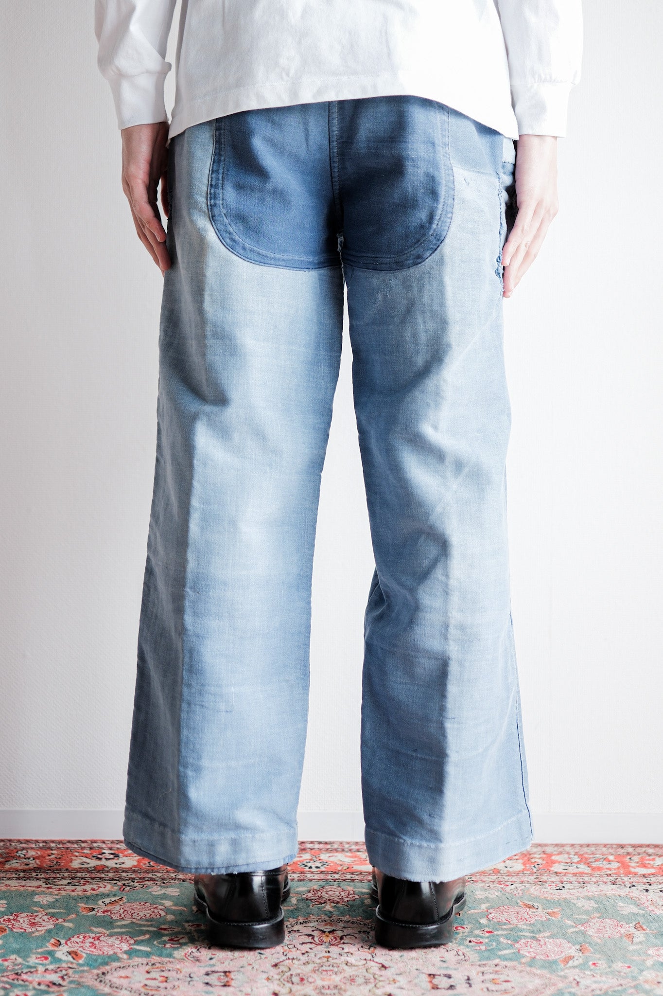 【~40's】French Vintage Blue Moleskin Work Pants "Patchwork" "Le Mont St. Michel"