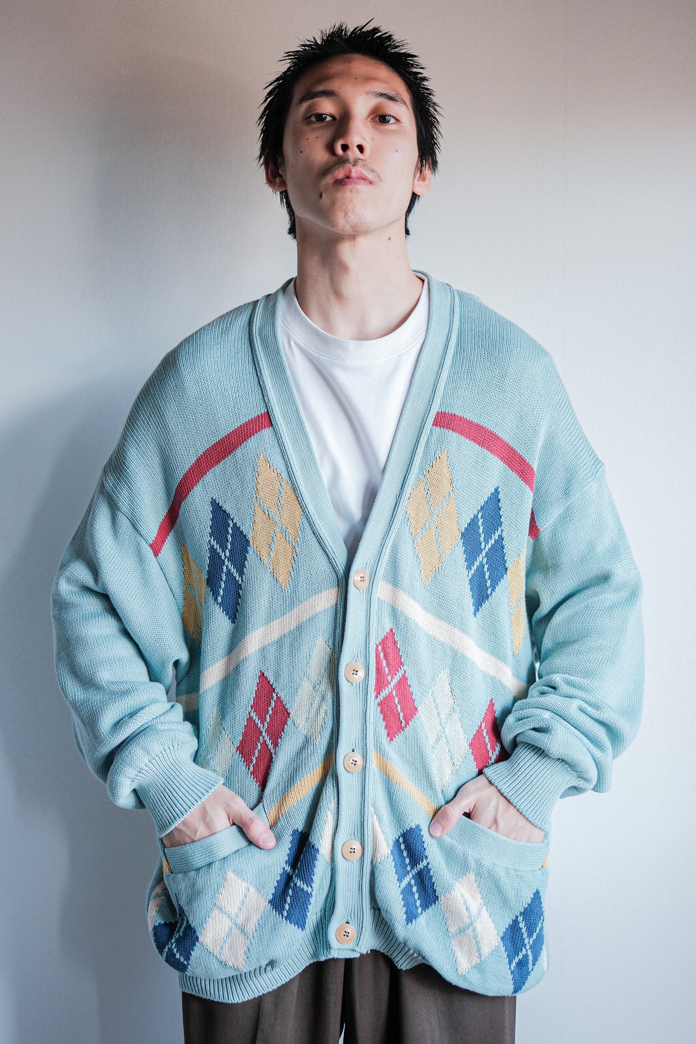 【~90's】Italian Vintage Cotton Argyle Cardigan