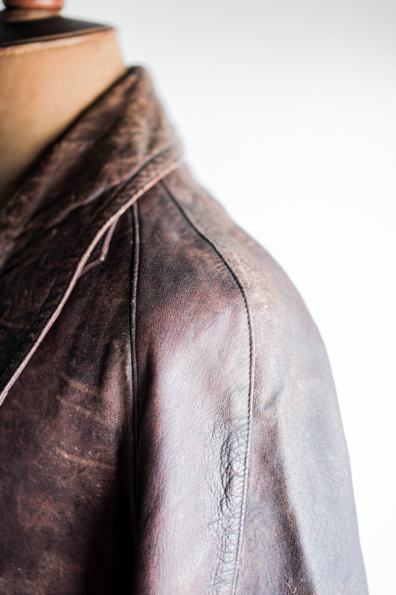 【~40's】French Vintage Double Breasted Brown Leather Coat With Chin Strap