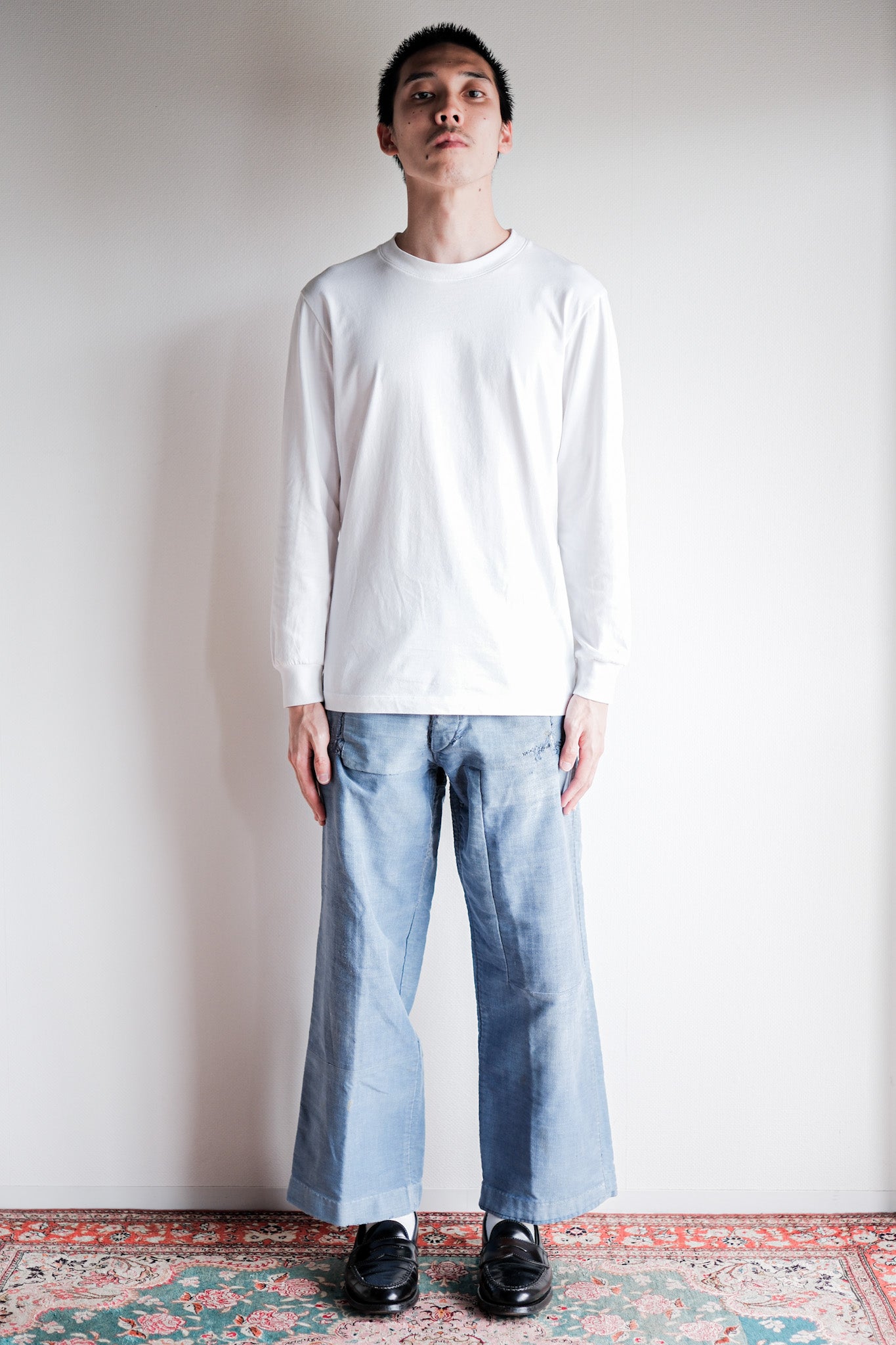 【~40's】French Vintage Blue Moleskin Work Pants "Patchwork" "Le Mont St. Michel"