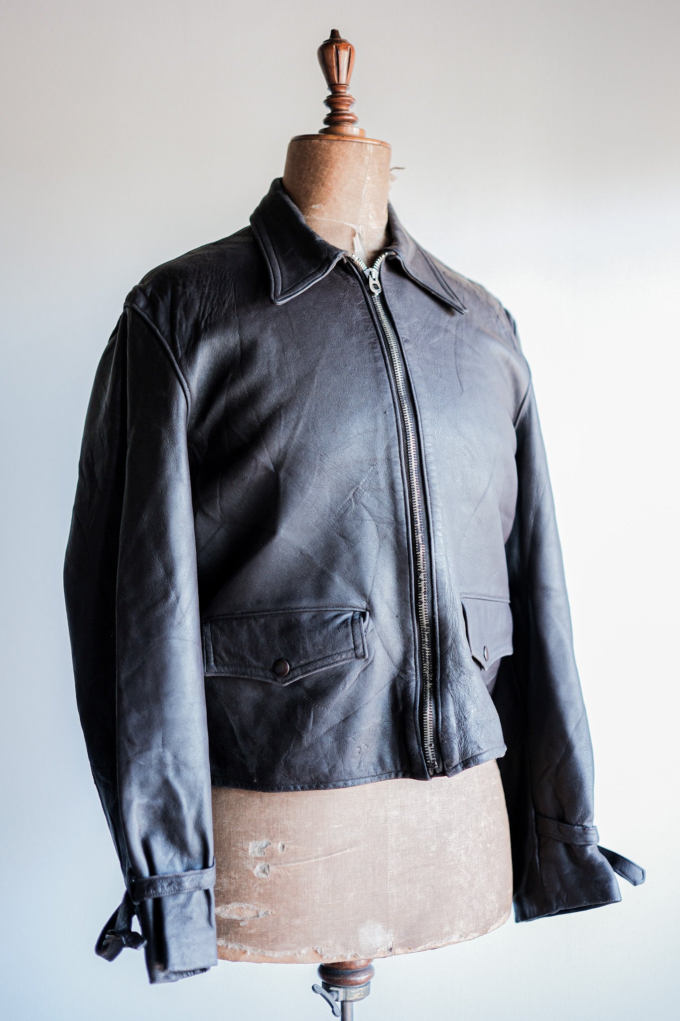 【~40’s】French Vintage Brown Leather Cyclist Jacket "Modified"