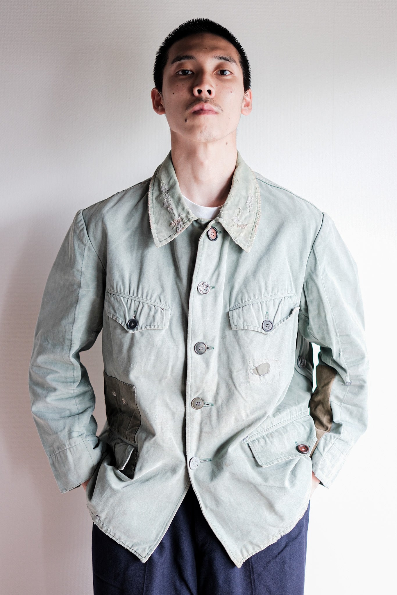 【~50's】French Vintage Green Cotton Canvas Hunting Jacket With Chin Strap "Patchwork"
