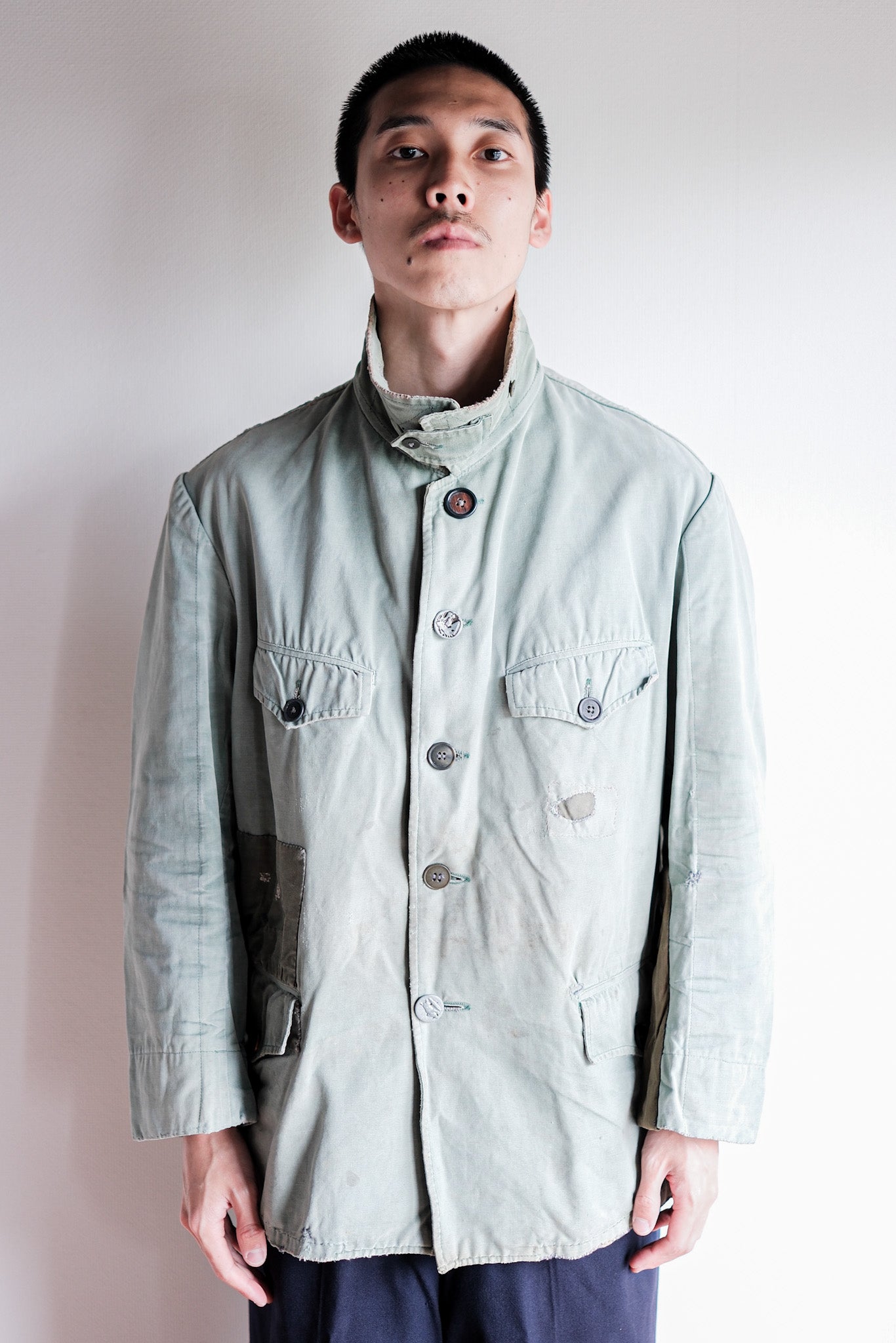 【~50's】French Vintage Green Cotton Canvas Hunting Jacket With Chin Strap "Patchwork"