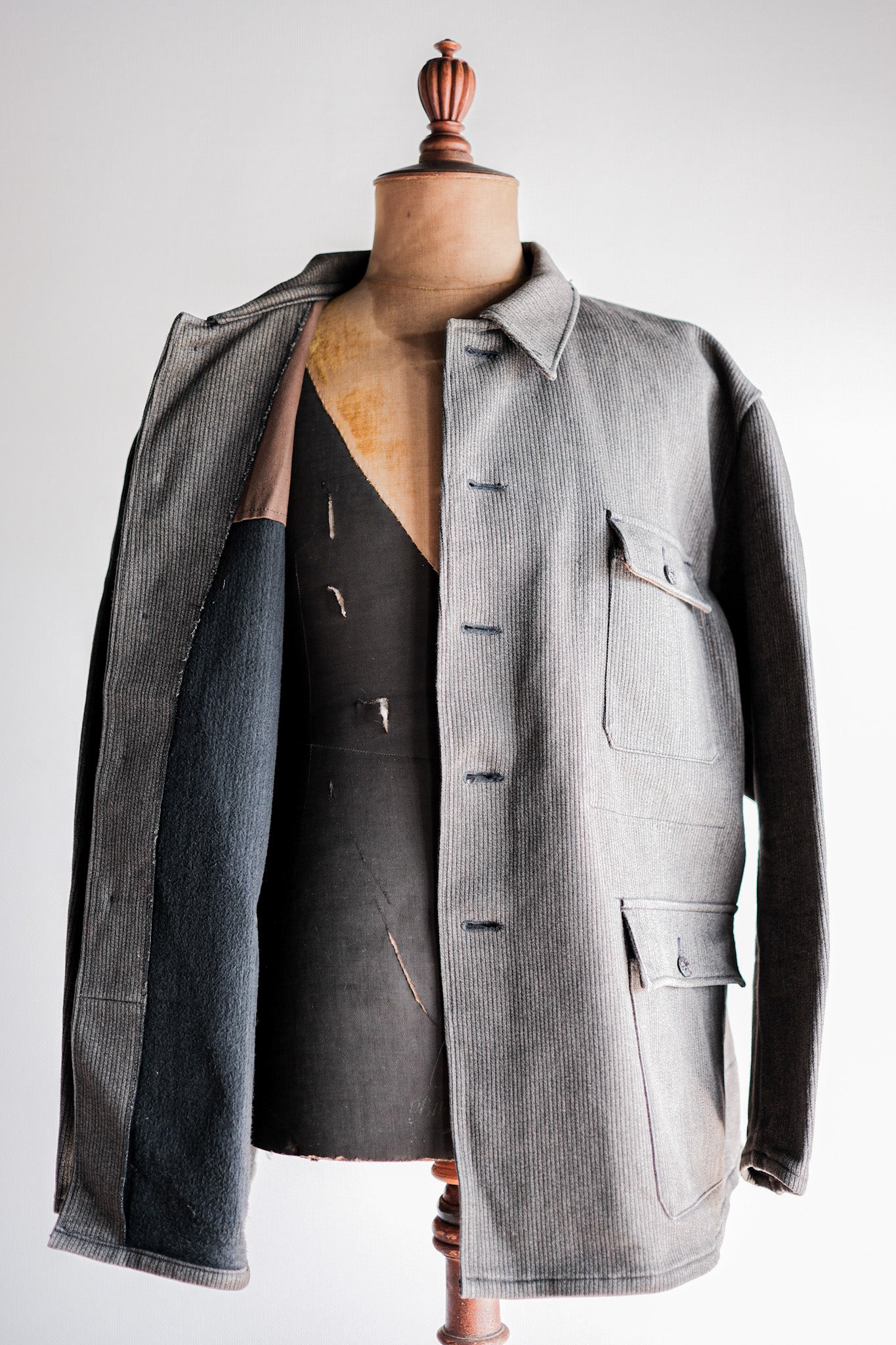 【~60's】French Vintage Brown Salt & Pepper Cotton Pique Hunting Jacket Size.56 "Le Mont St. Michel"