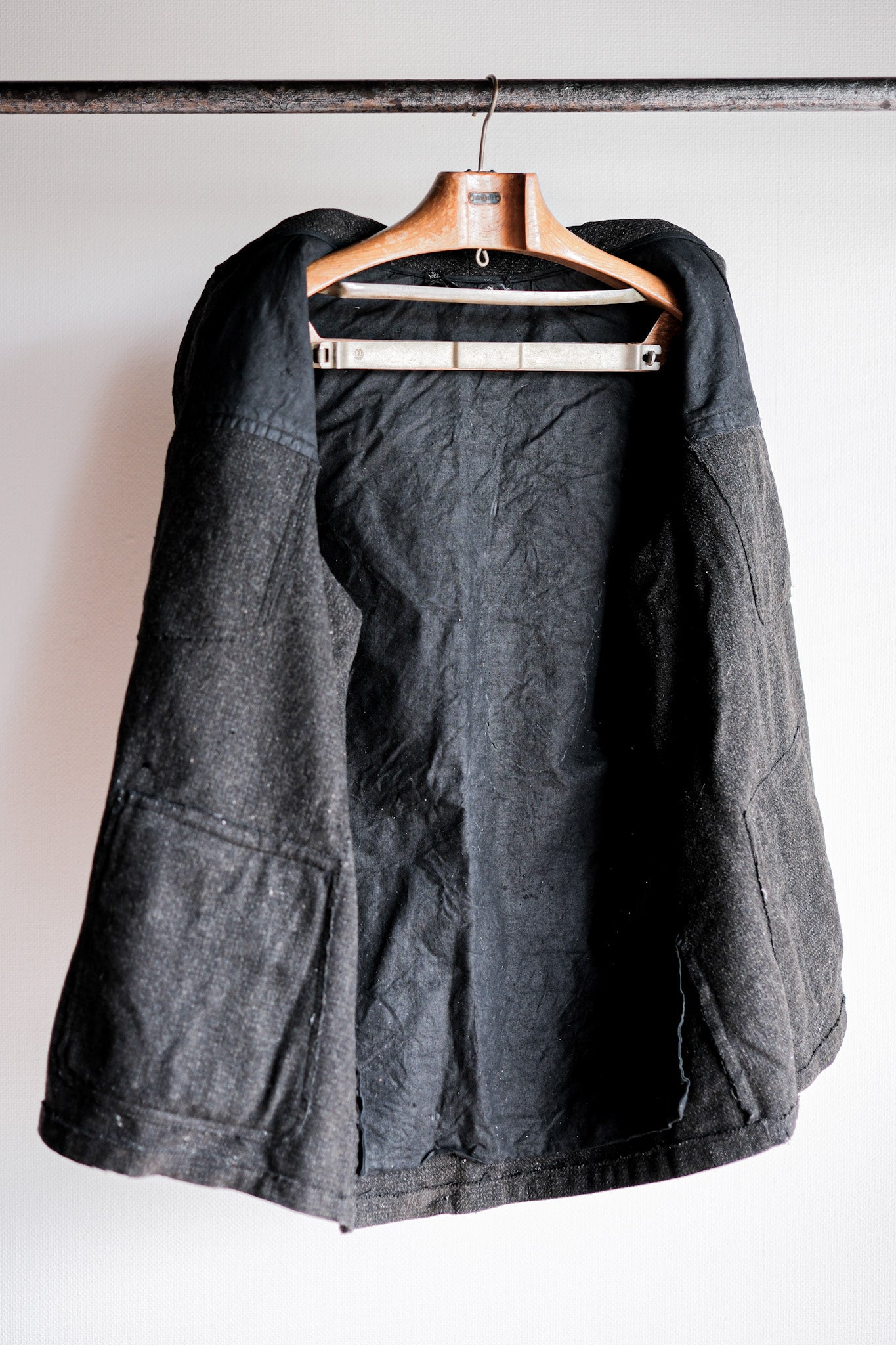 【~30's】French Vintage Gray Wool Hunting Jacket With Chin Strap "Boro"