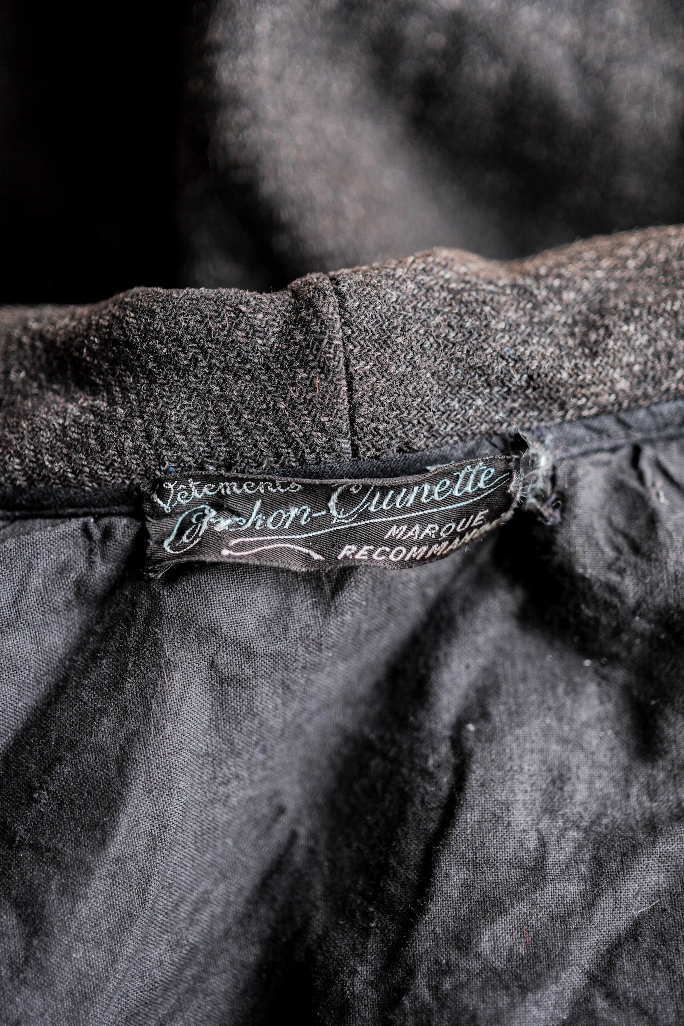 【~30's】French Vintage Gray Wool Hunting Jacket With Chin Strap "Boro"