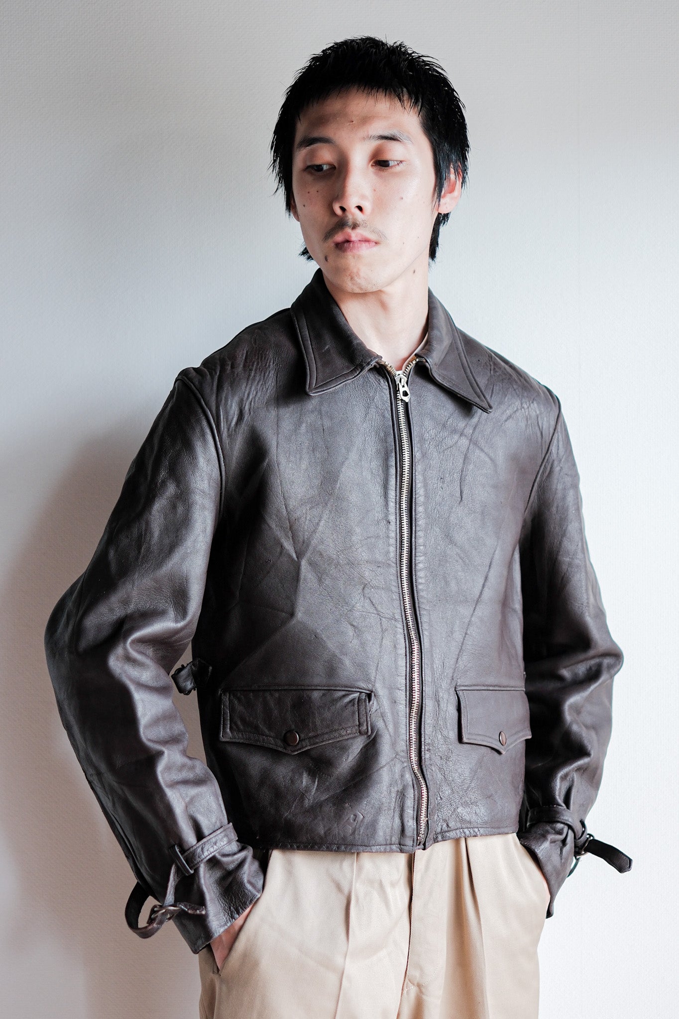 【~40’s】French Vintage Brown Leather Cyclist Jacket "Modified"