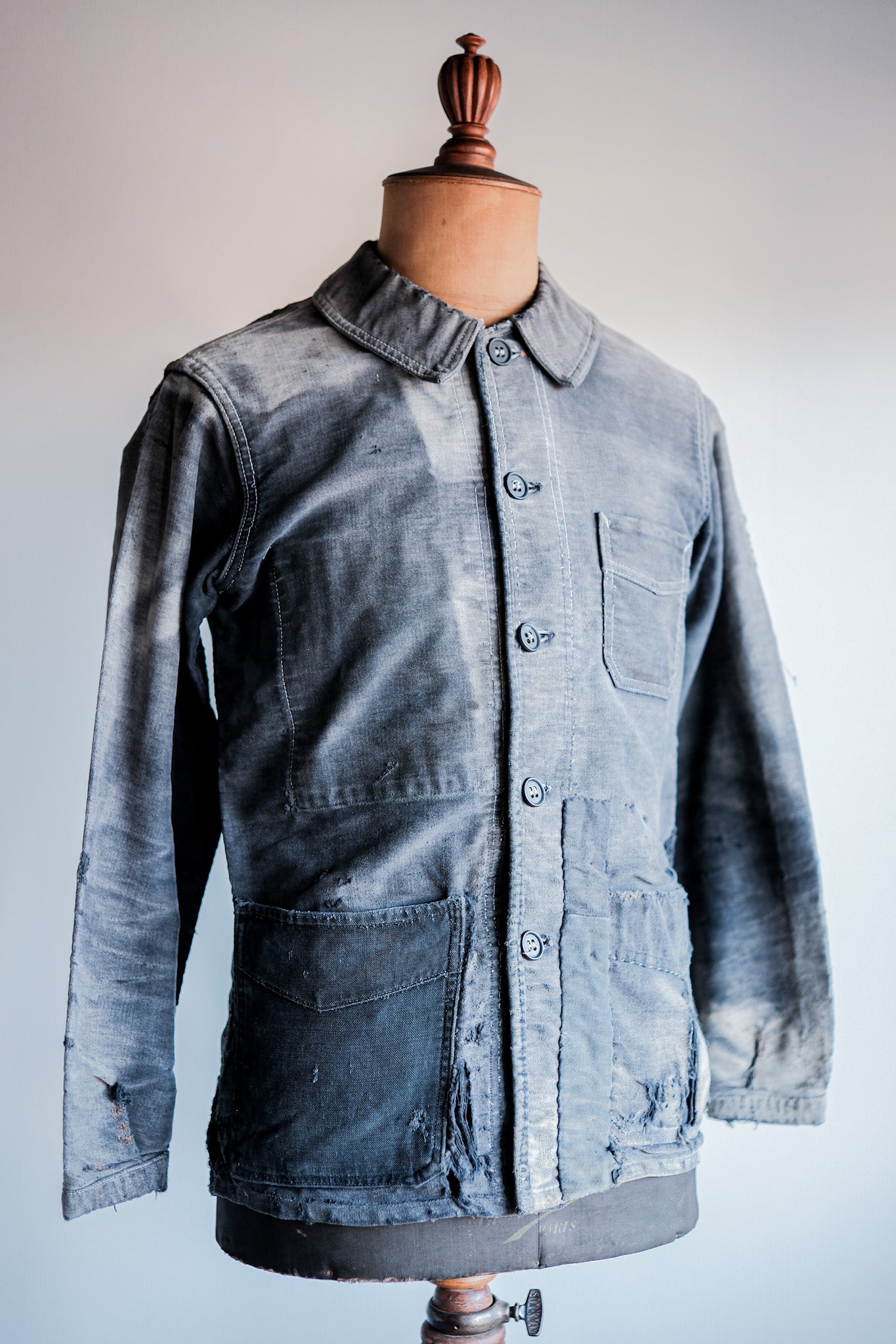 【~40's】French Vintage Black Moleskin Work Jacket "Boro" "Le Mont St. Michel"