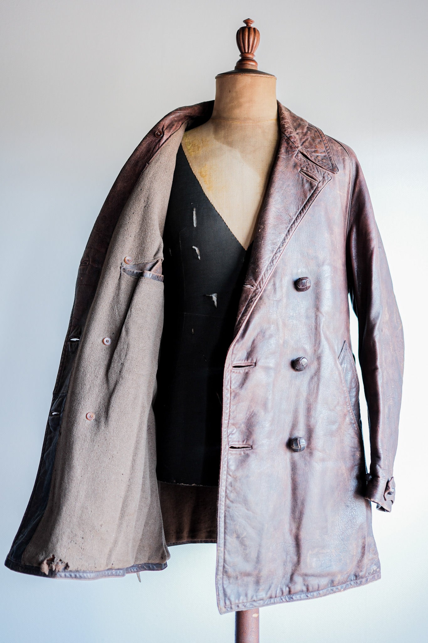 【~40's】French Vintage Double Breasted Brown Leather Coat With Chin Strap