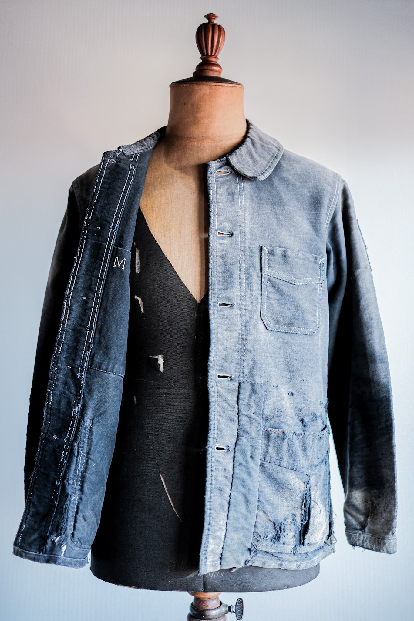 【~40's】French Vintage Black Moleskin Work Jacket "Boro" "Le Mont St. Michel"