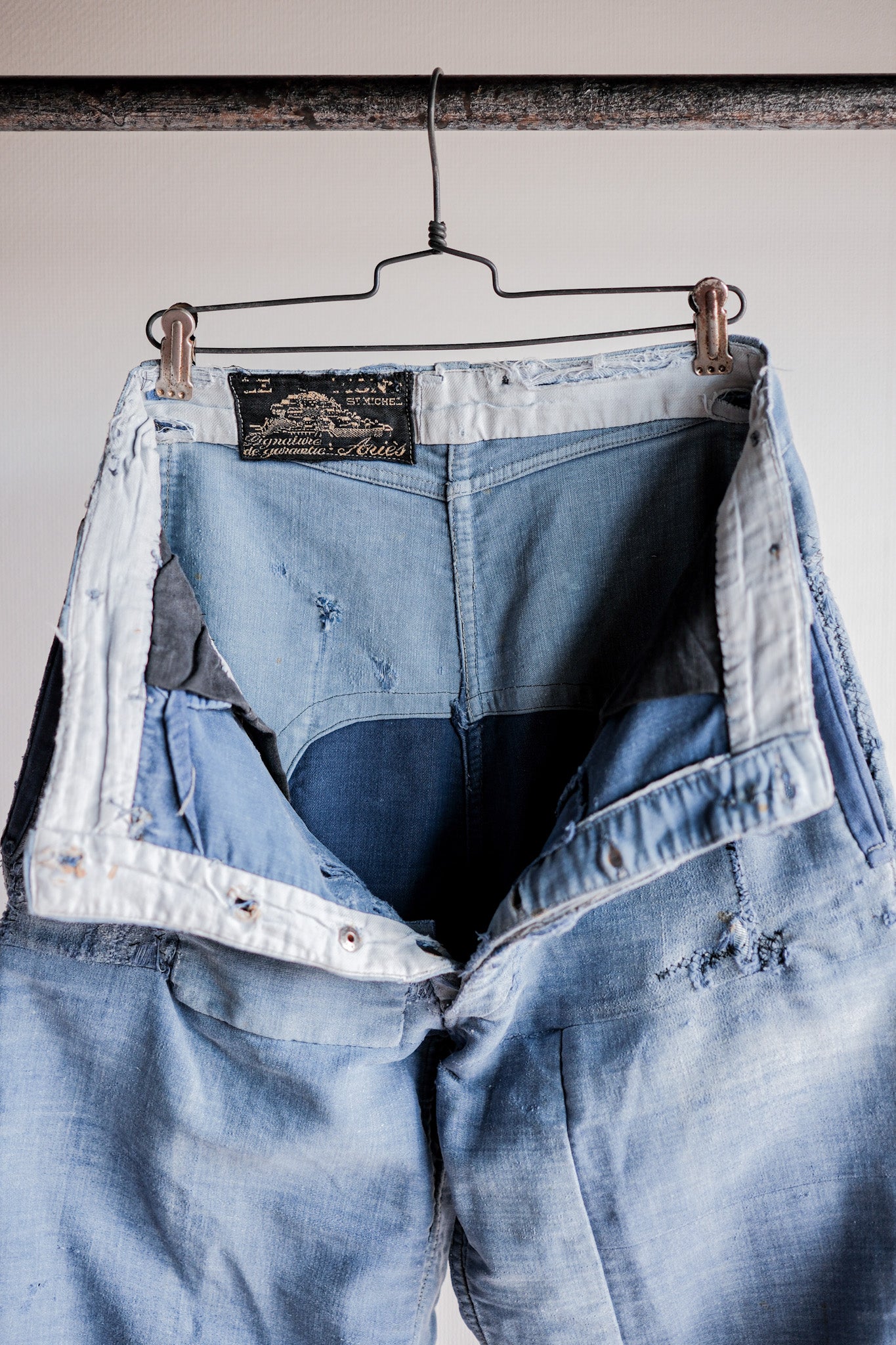 【~40's】French Vintage Blue Moleskin Work Pants "Patchwork" "Le Mont St. Michel"