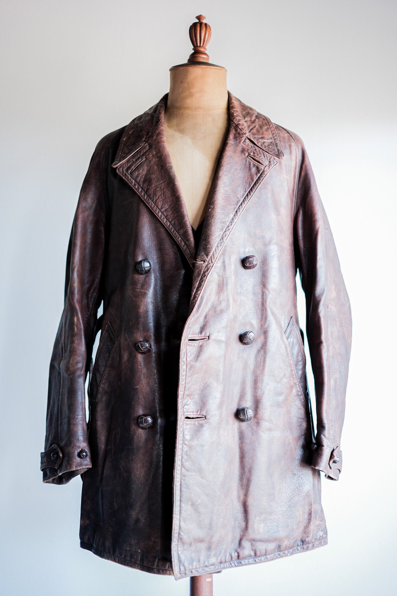 【~40's】French Vintage Double Breasted Brown Leather Coat With Chin Strap