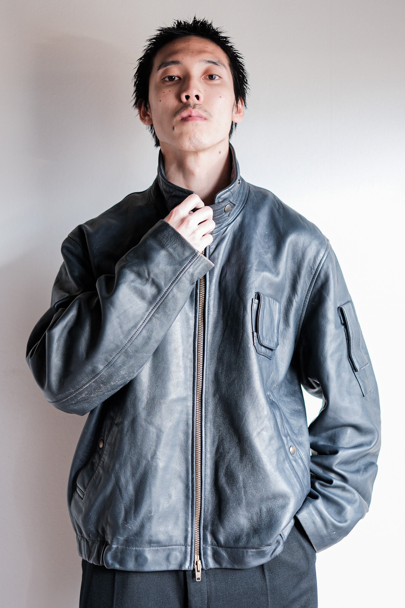 【~70's】French Air Force Pilot Leather Jacket With Chin Strap Size.100L