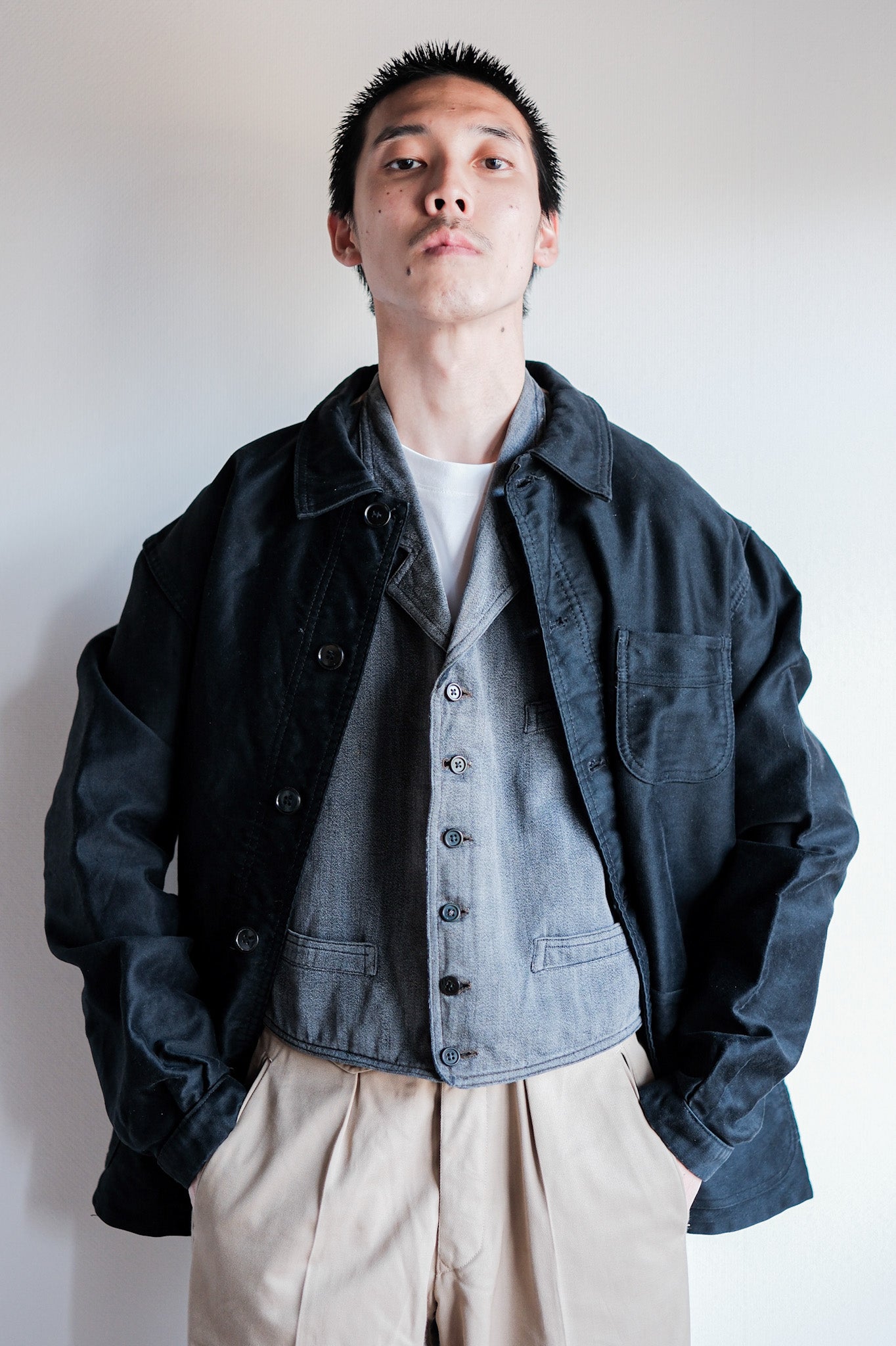 【~30's】French Vintage Salt & Pepper Cotton Work Gilet