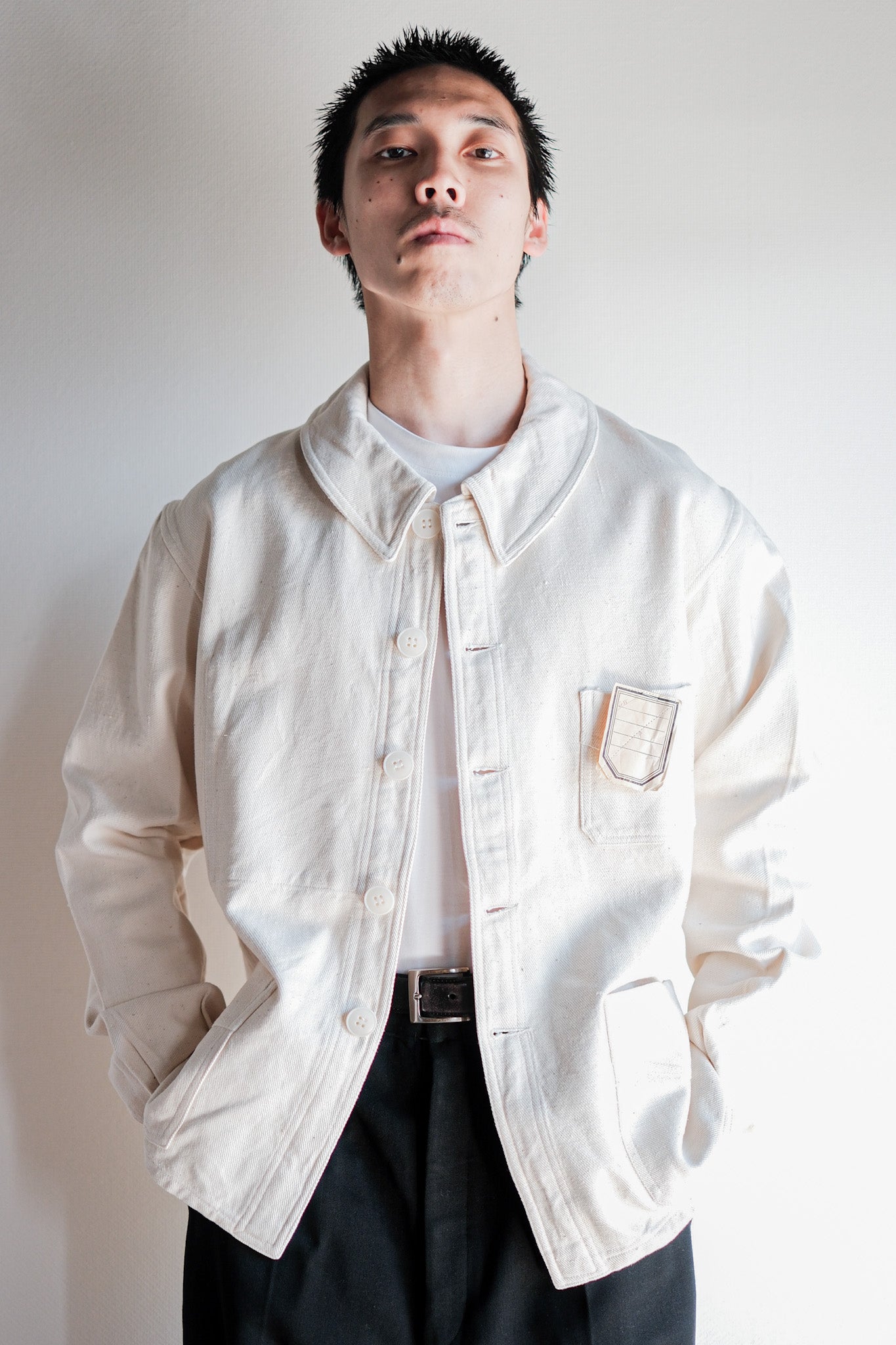 【~40's】French Vintage White Cotton Twill Work Jacket Size.48 "Dead Stock"