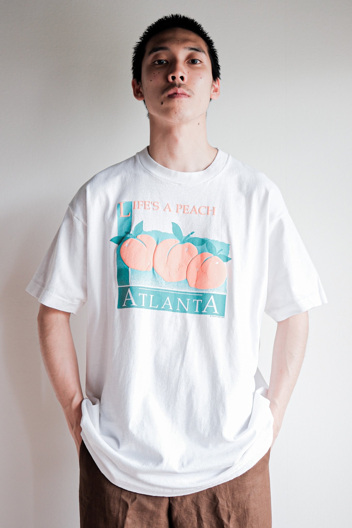 【~90's】Vintage Graphic Print T-shirt Size.XL "LIFE'S A PEACH" "Made in U.S.A."