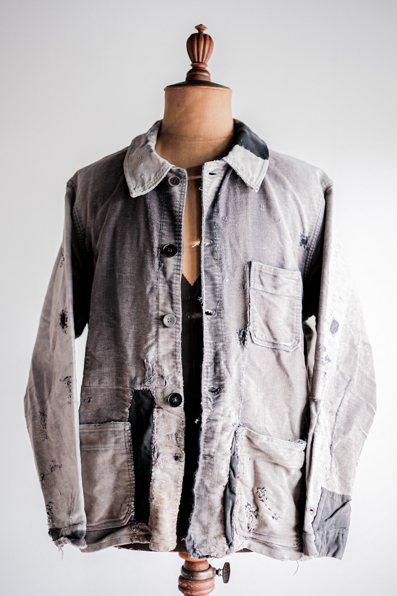 【~50's】French Vintage Black Moleskin Work Jacket "Patchwork"